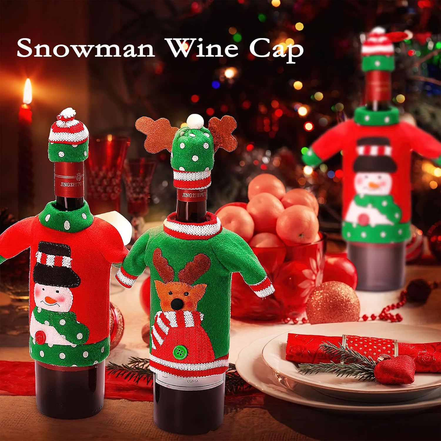Christmas Wine Bottle Cover Set, Ugly Christmas Snowman Sweater Wine Bottle Cover with Hat Knitted Champagne Dress for Xmas Party Holiday Table Centerpieces Decorations (Red & Green)