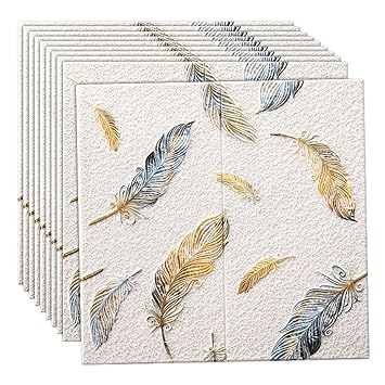 TLISMI 10 Pcs PE Foam aesthetic feather Printed Wallpaper Self Adhesive 3D Texture Style Wall Panels Peel Stick Wall Tiles Waterproof Antifouling Wall sticker for Home Decor(70cmX70cm, Approx52.7SqFt)