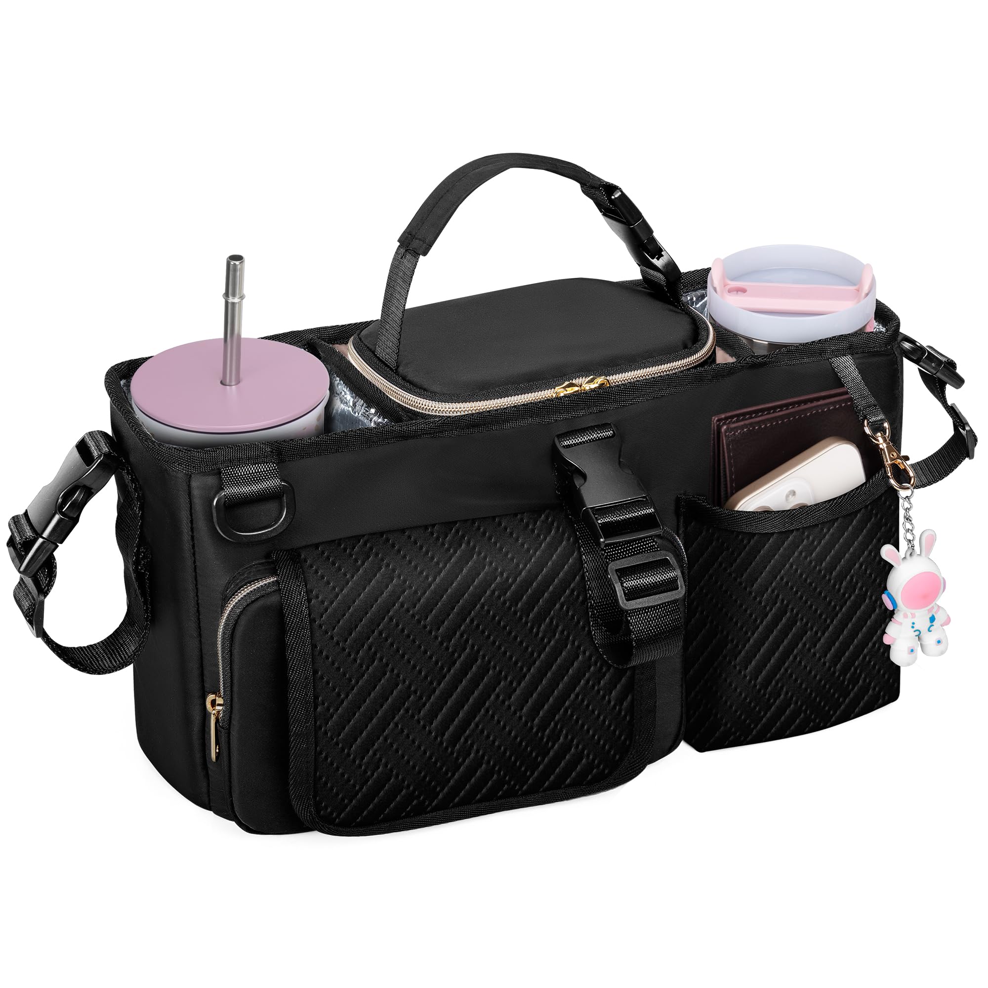 Kinderwagen Organizer für Elternkonsole, Kompatibel mit WONDERFOLD W2, Kinderwagen Caddy mit 2 Isolierten Getränkehaltern und Abnehmbarer Kühltasche, Schwarz (Leere Tasche)