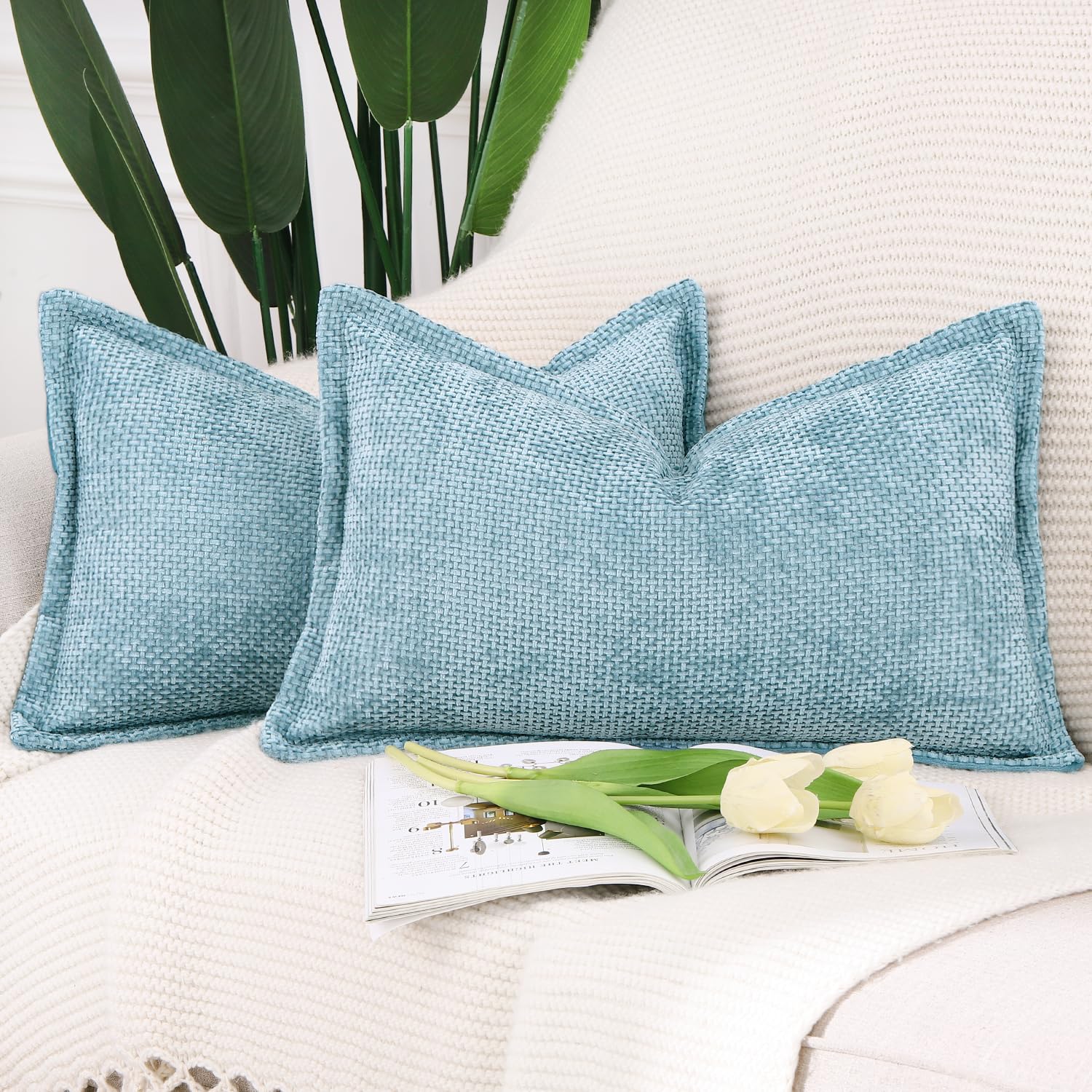 Madizz Set of 2 Chenille Velvet Cushion Covers with Flange Soft Boho Textured Throw Pillow Covers Broadside Pillowcases Modern Farmhouse Home Decor for Sofa Bedroom Light Blue 16x24 inch, 40x60 cm