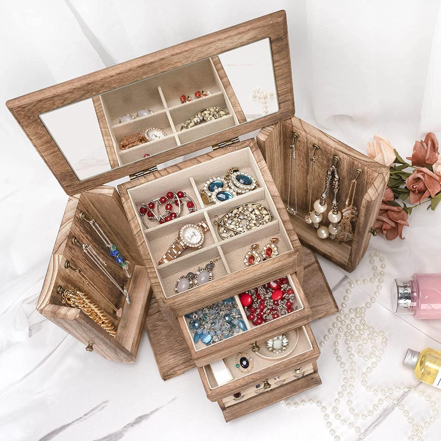 Schmuckkästchen für Damen, groß, rustikal, Schmuckkästchen, Holz, mit Spiegel, Aufbewahrungsbox für Schmuck, 4 Schichten, für Halsketten, Ohrringe, Ringe, Armbänder