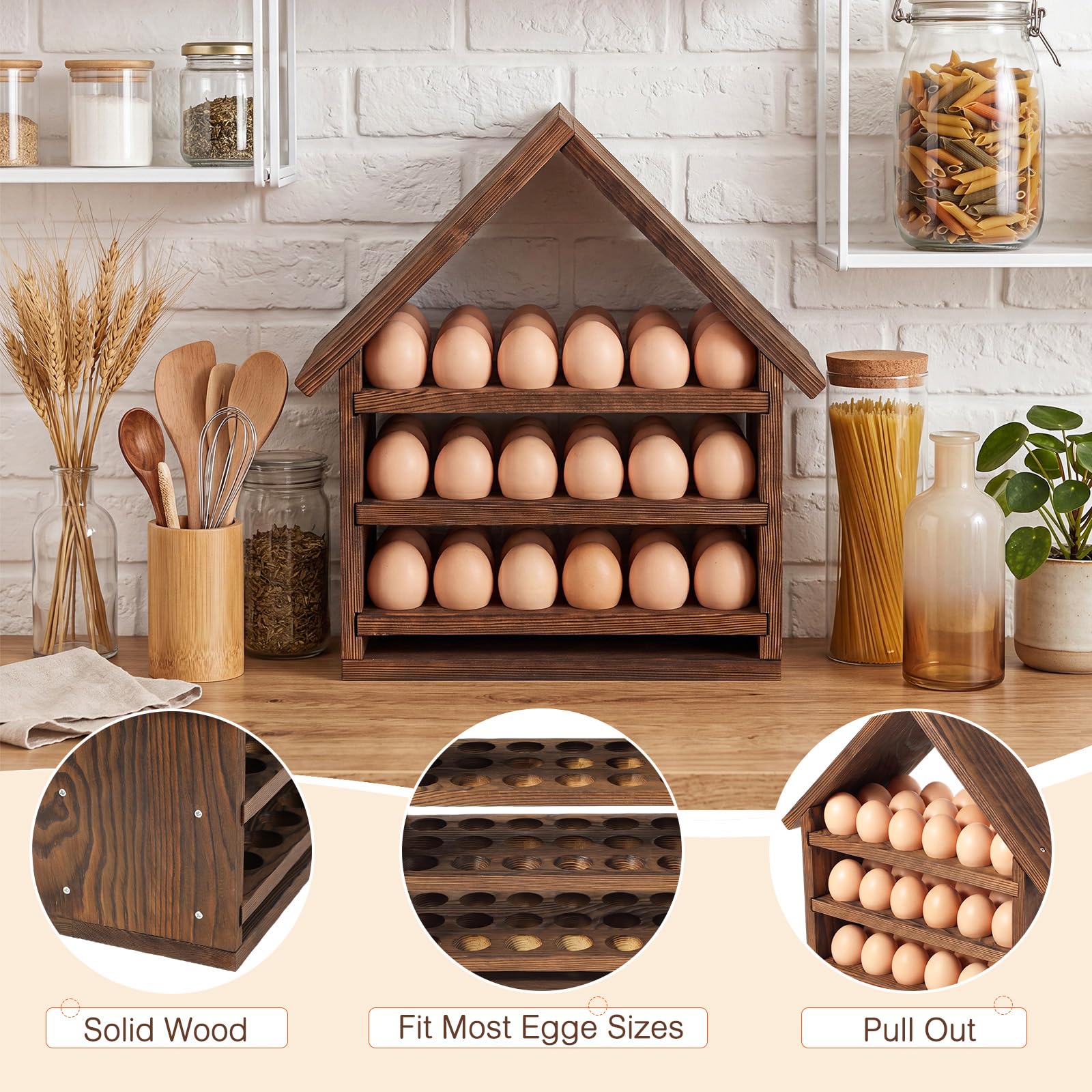 Remerry Soporte para huevos de madera para encimera, 3 niveles, forma de casa, almacenamiento de huevos frescos, cesta extraíble para el hogar, sala de manualidades, granja, cocina, mostrador