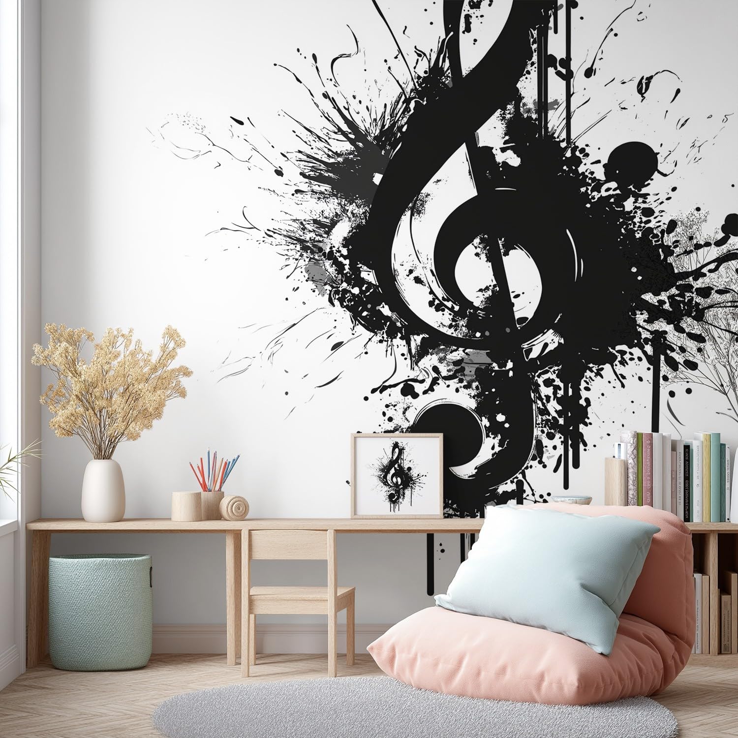 Fototapeta z minimalistyczną, czarno-białą, stylowa – wzornictwo – nuty muzyczne, tapeta z włókniny, 400 x 280 cm, fototapeta do sypialni, pokoju dziecięcego, korytarza, kuchni i biura