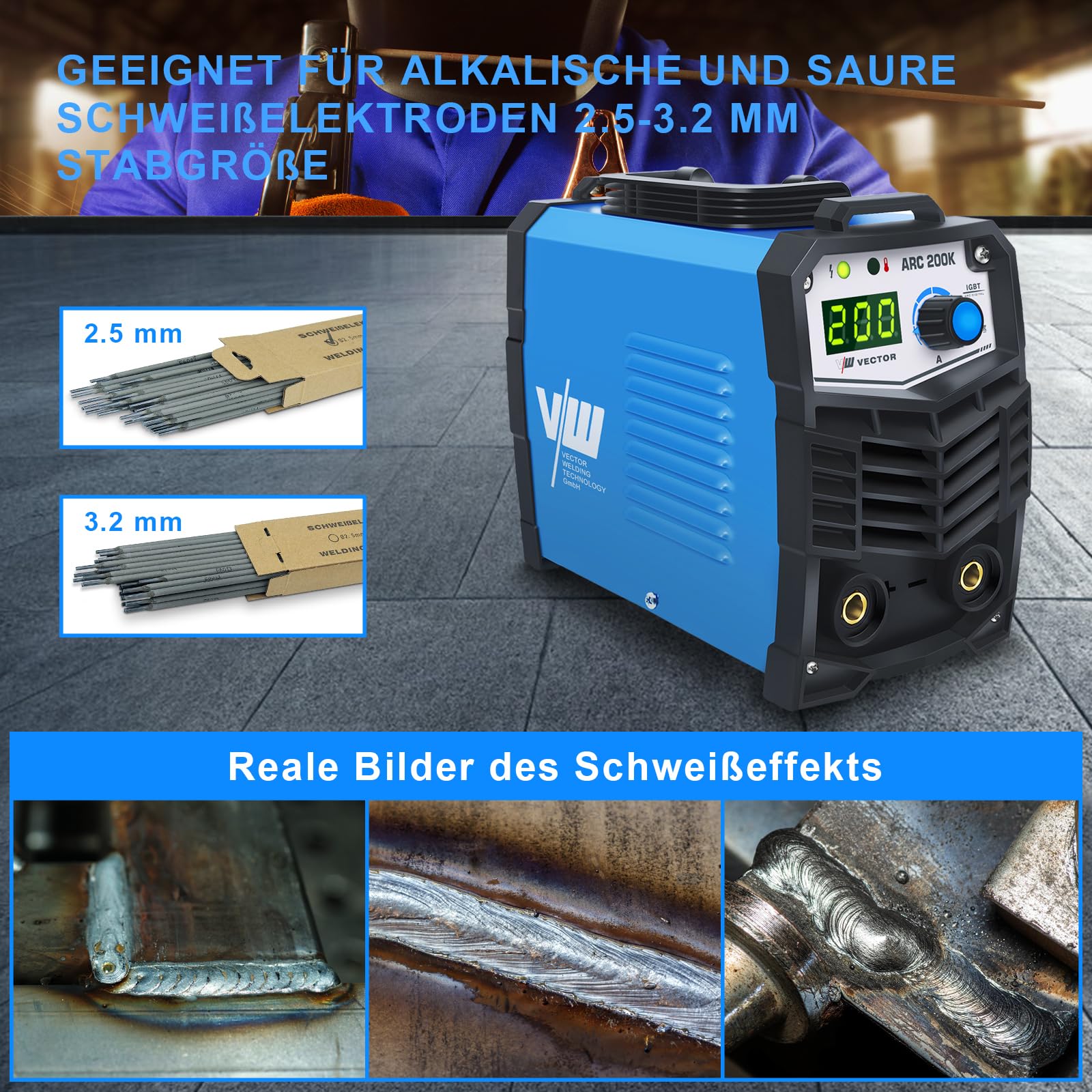 VECTOR WELDING MMA Elektrodenschweißgerät 200A Set, 10 bis 200A ARC Schweißgerät mit Hotstart-Funktion, ARC FORCE, Kompakt & leicht, MMA/STICK/E-HAND, IGBT-Technologie für Werkstatt & Industrie