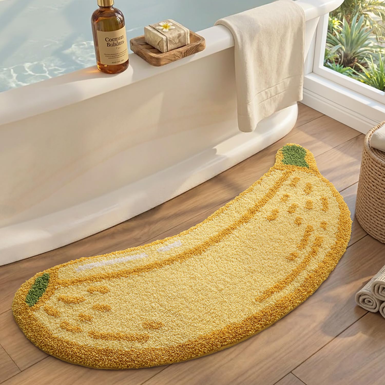 DEXI Bath Mat 60 x 130 cm, Non-Slip Absorbent Bathmat with Banana Pattern, Washable Rugs for Shower Floor, Bedroom, Bathroom Accessories Decor, Mustard Yellow