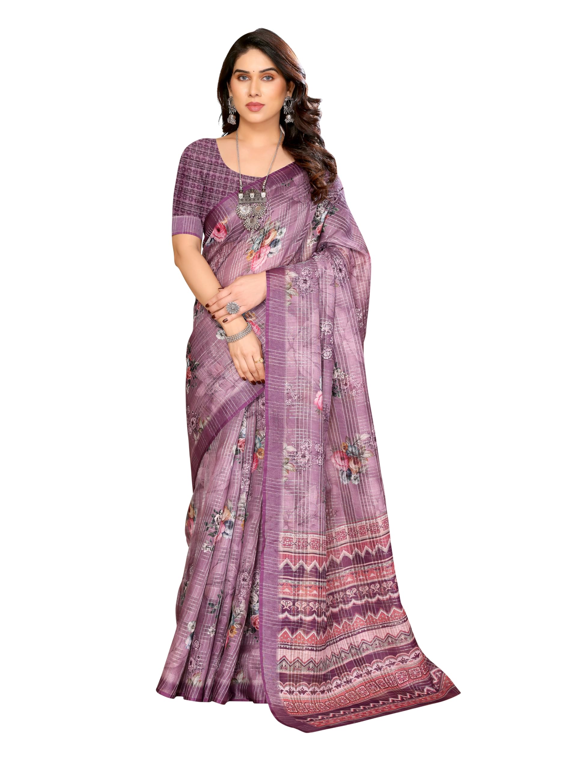 Women's Cotton Linen Blend Checks Digital Printed Saree With Unstitched Blouse Piece (Linen Checks Saree)