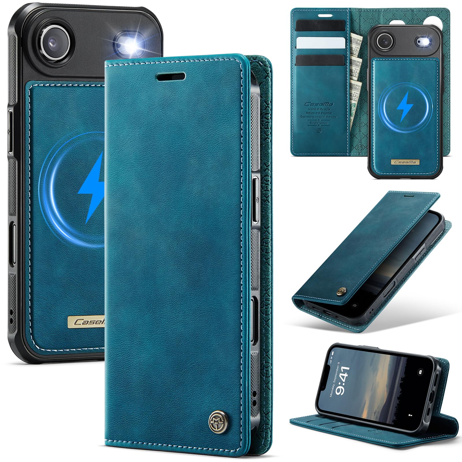 Etui portfelowe na iPhone'a 17 Air z 3 przegródkami na karty i przegródkami na gotówkę, magnetyczne zamknięcie z klapką, odłączany magnetyczny design 2 w 1, kompatybilne z Magsafe - zielone