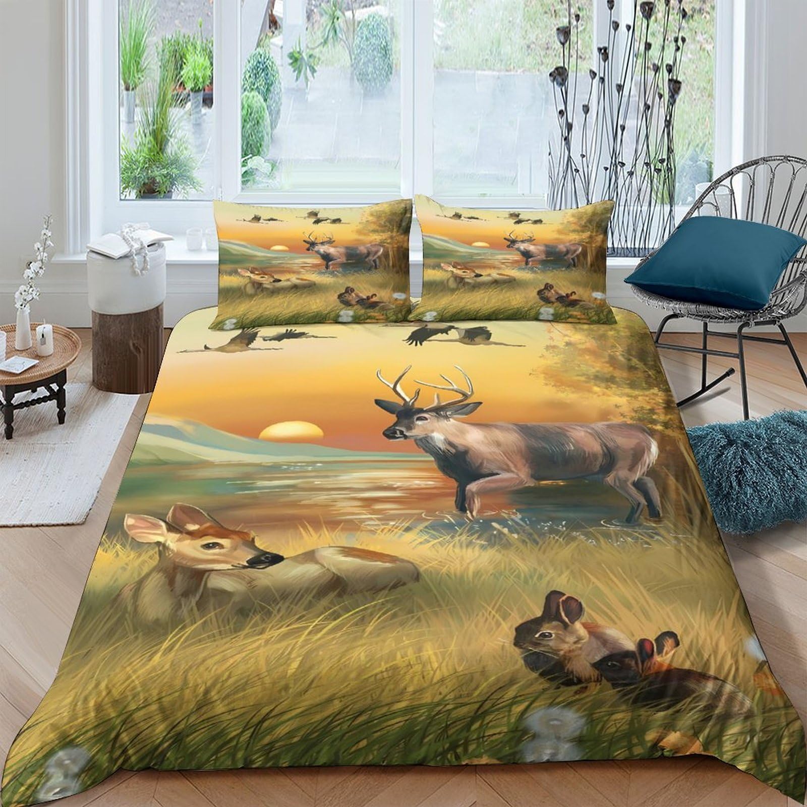 Ctjqhvkz Style-3 3D Printed Sunset Forest Fitted Sheet Microfiber Soft Breathable Deer Meadow Mattress Cover For Bedroom Living Room Single（135X200cm）
