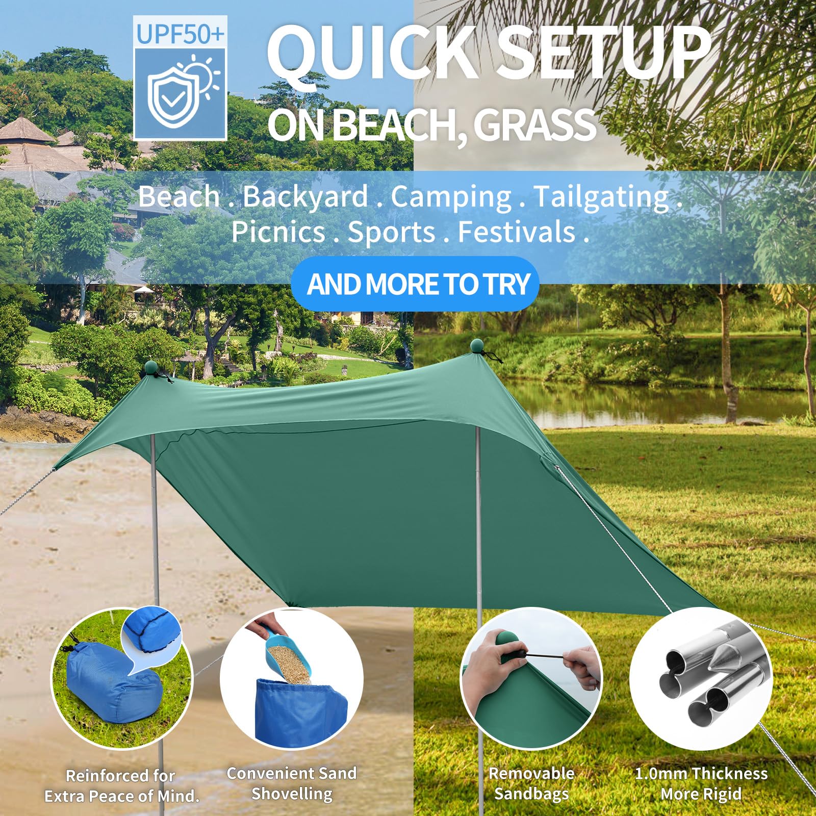 JAICOM Tenda da spiaggia, 2.1m x 2.1m Parasole Portatile, Protezione UV UPF 50+, Adatto per l'ombra in Spiaggia, il Campeggio, la Pesca e il Patio