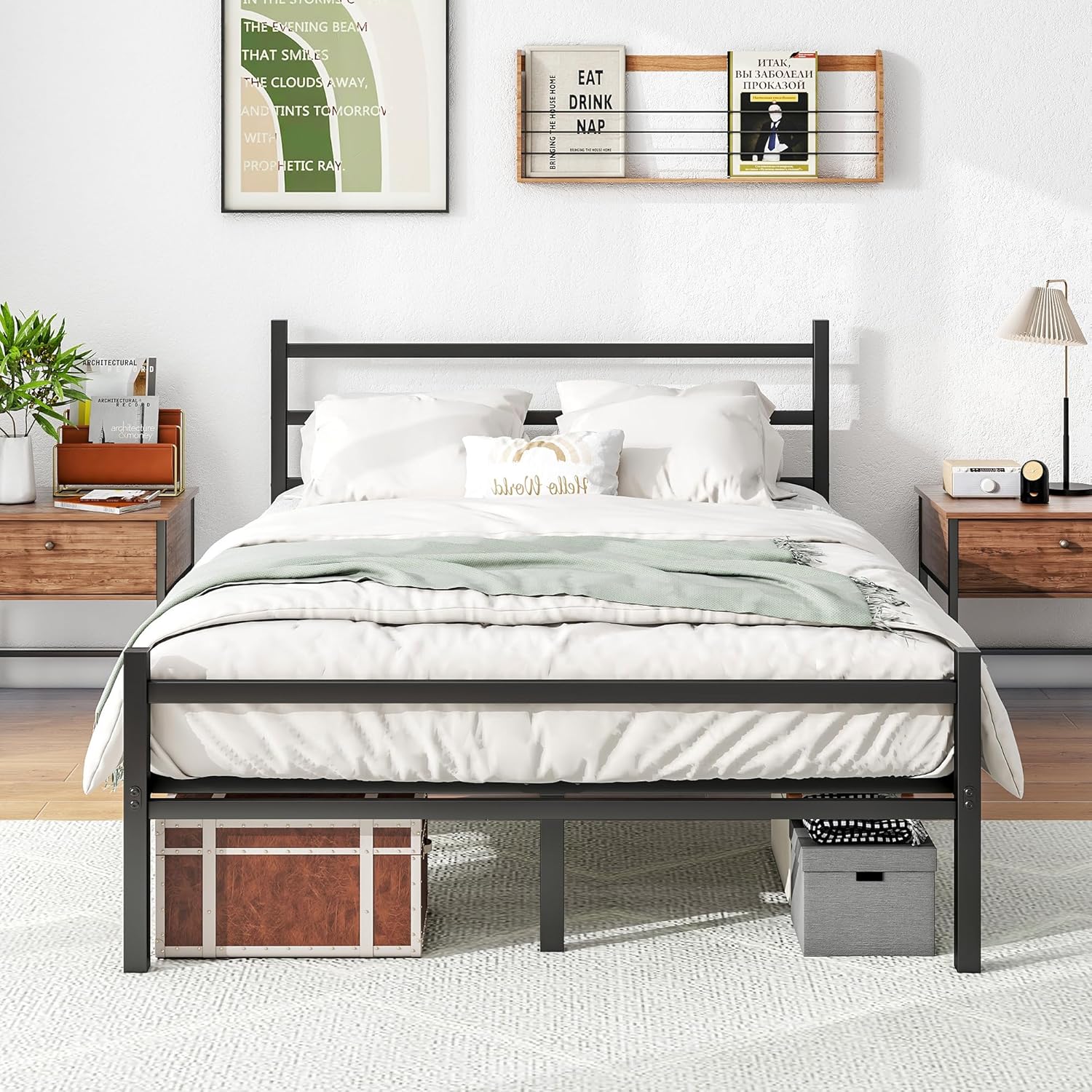 BORPHOM Double Bed Frames Solid Metal Bed Frame Double Bed with Headboard and Footboard,Mattress