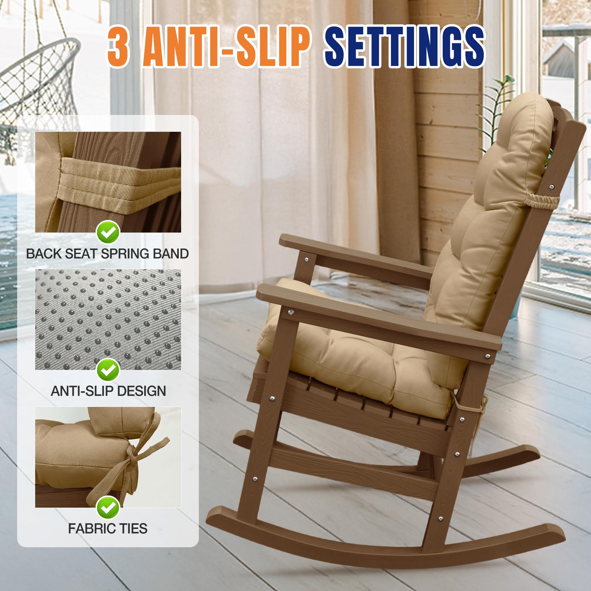 YEFU Adirondack Lot de 2 Coussins de Chaise à Bascule à Dossier Haut épais pour intérieur et extérieur, 124,5 x 50,8 x 12,7 cm, Marron Clair