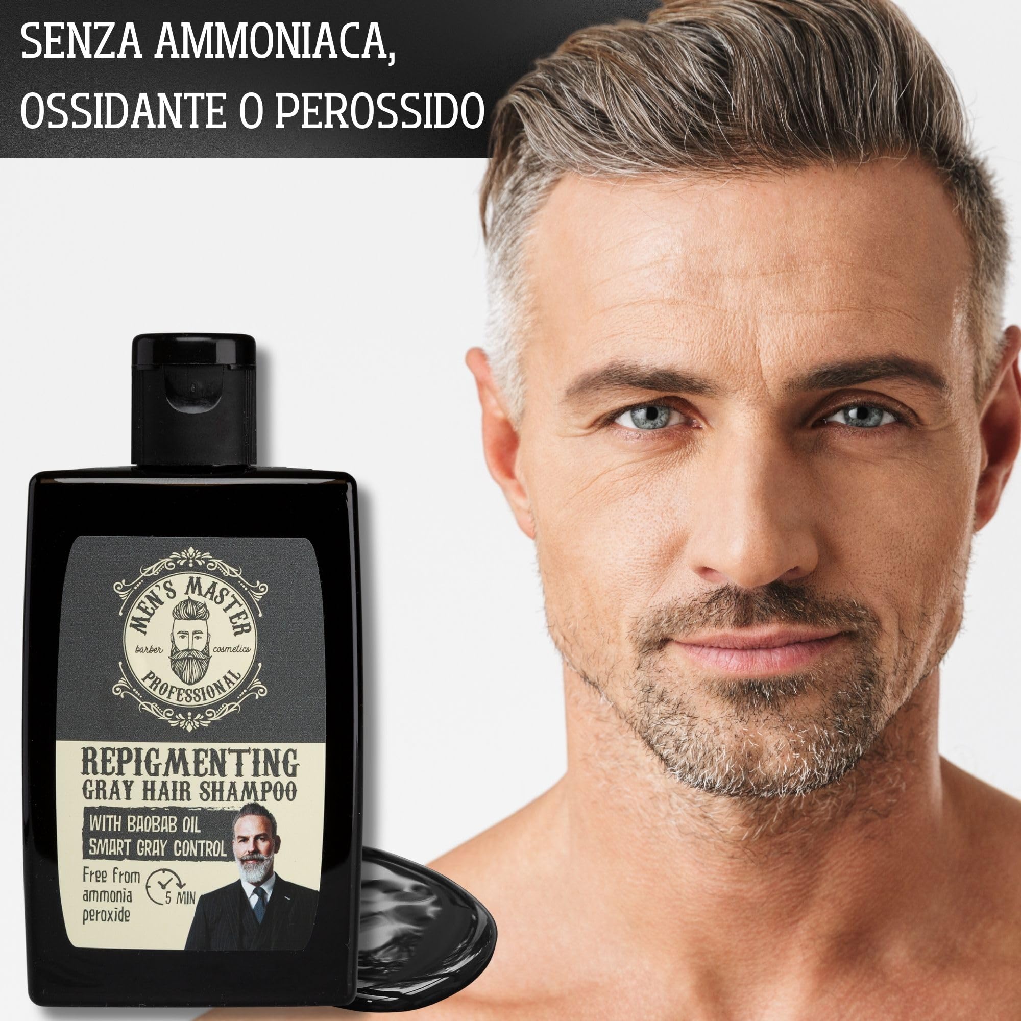 Men's Master Shampoo Repigmentante per Uomo Capelli Grigi | Con Olio di Baobab e Colorazione in 5 min | Apporta un Tono Grigio Chiaro Naturale | Senza Ammoniaca e Ossidanti, | 120 ml