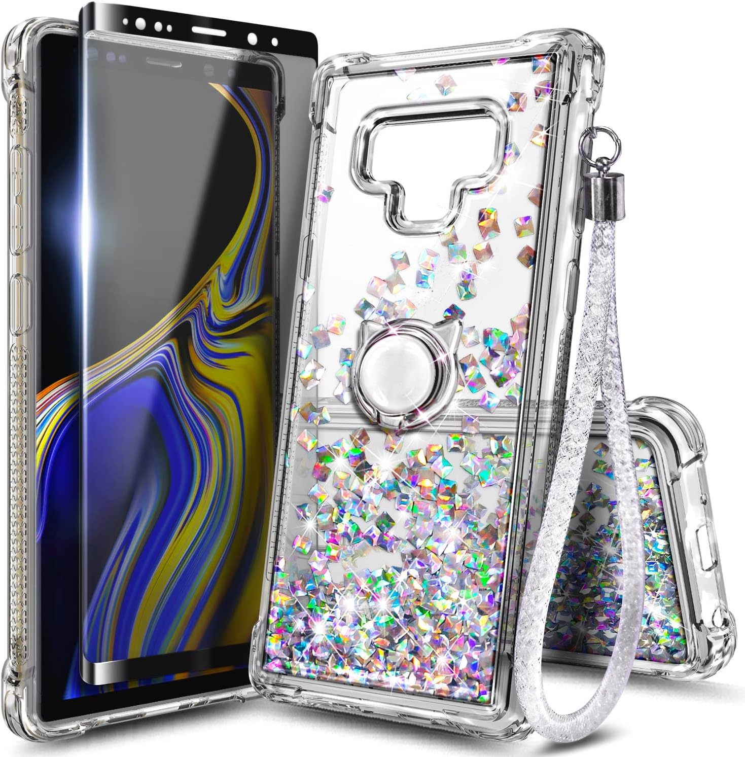 E-BeganDesigned for Samsung Galaxy Note 9 Phone Case, Sparkle Glitter Flowing Liquid Women Girls Kids Cute Case with Screen Protector (Flexible TPU Film)/Ring Holder/Wrist Strap Lanyard -Gem