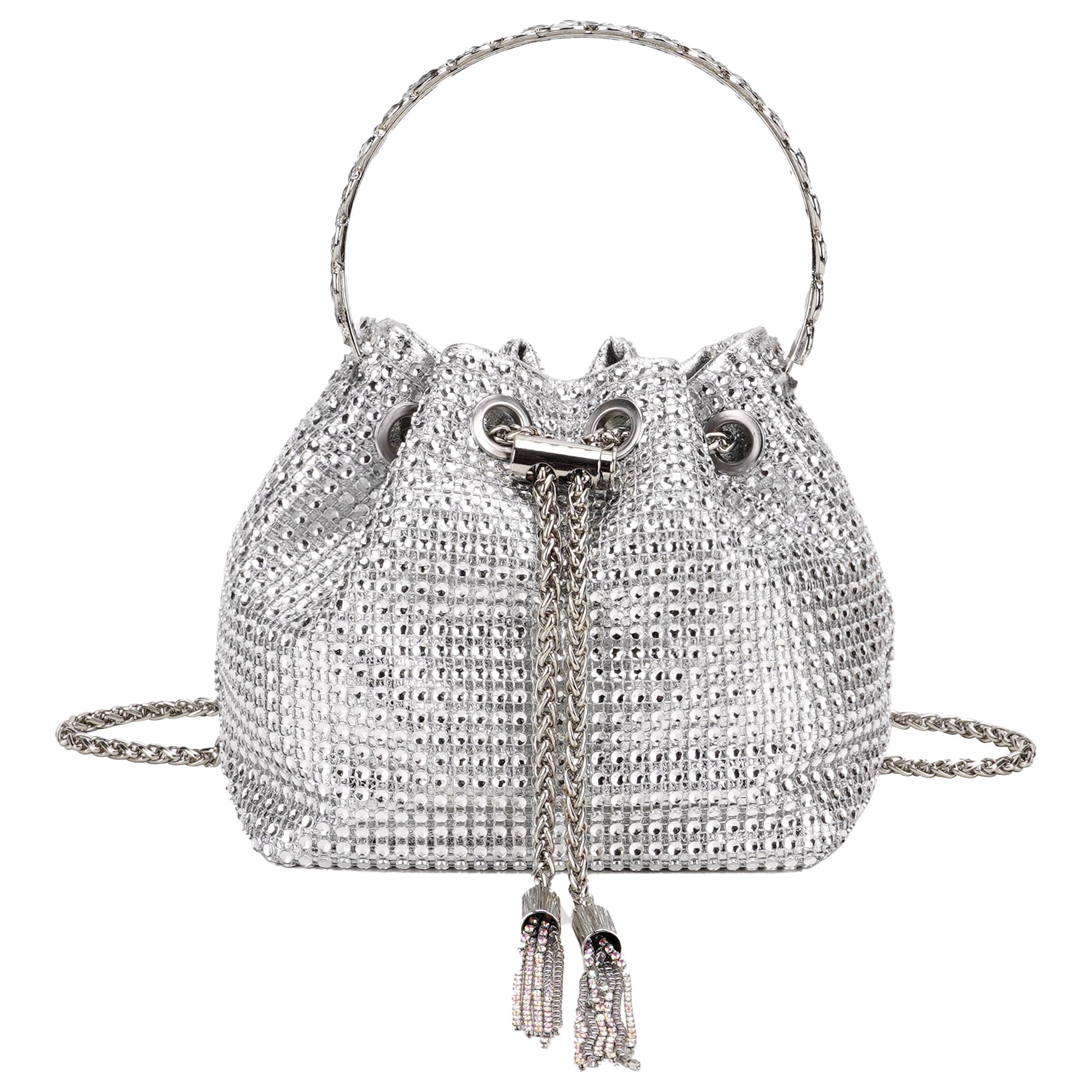 DODAMOUR Silver Rhinestone Bucket Bag for Women - Bling Crystal Crossbody Purse with Chain Strap, Sparkly Drawstring Evening Clutch for Wedding Prom