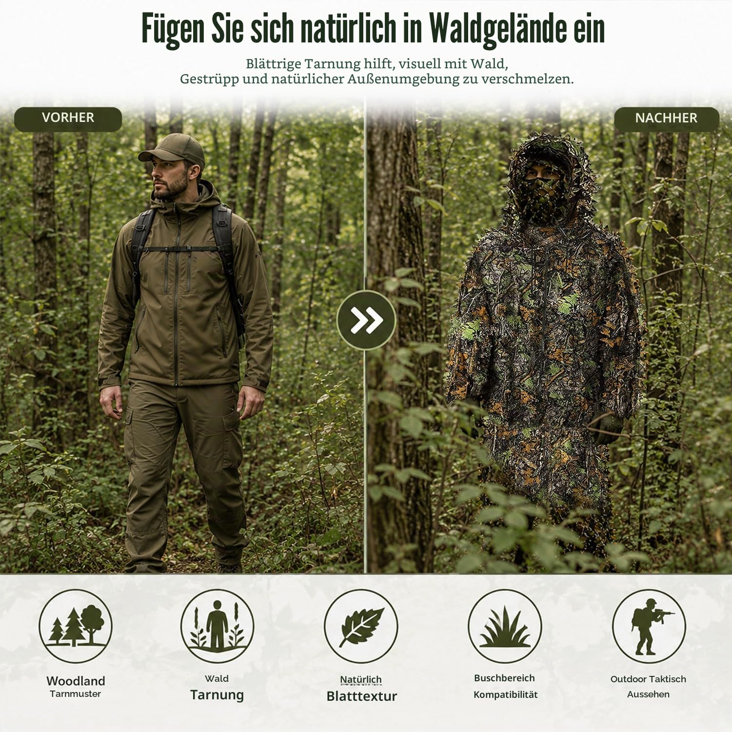 Favuit 3D Ghillie Tarnanzug, Dschungel Kostüm Ghillie Suit Camouflage Anzug Woodland Tarnkleidung für Buschjagd Tierfotografie Jagd Verdeckt Festschmuck