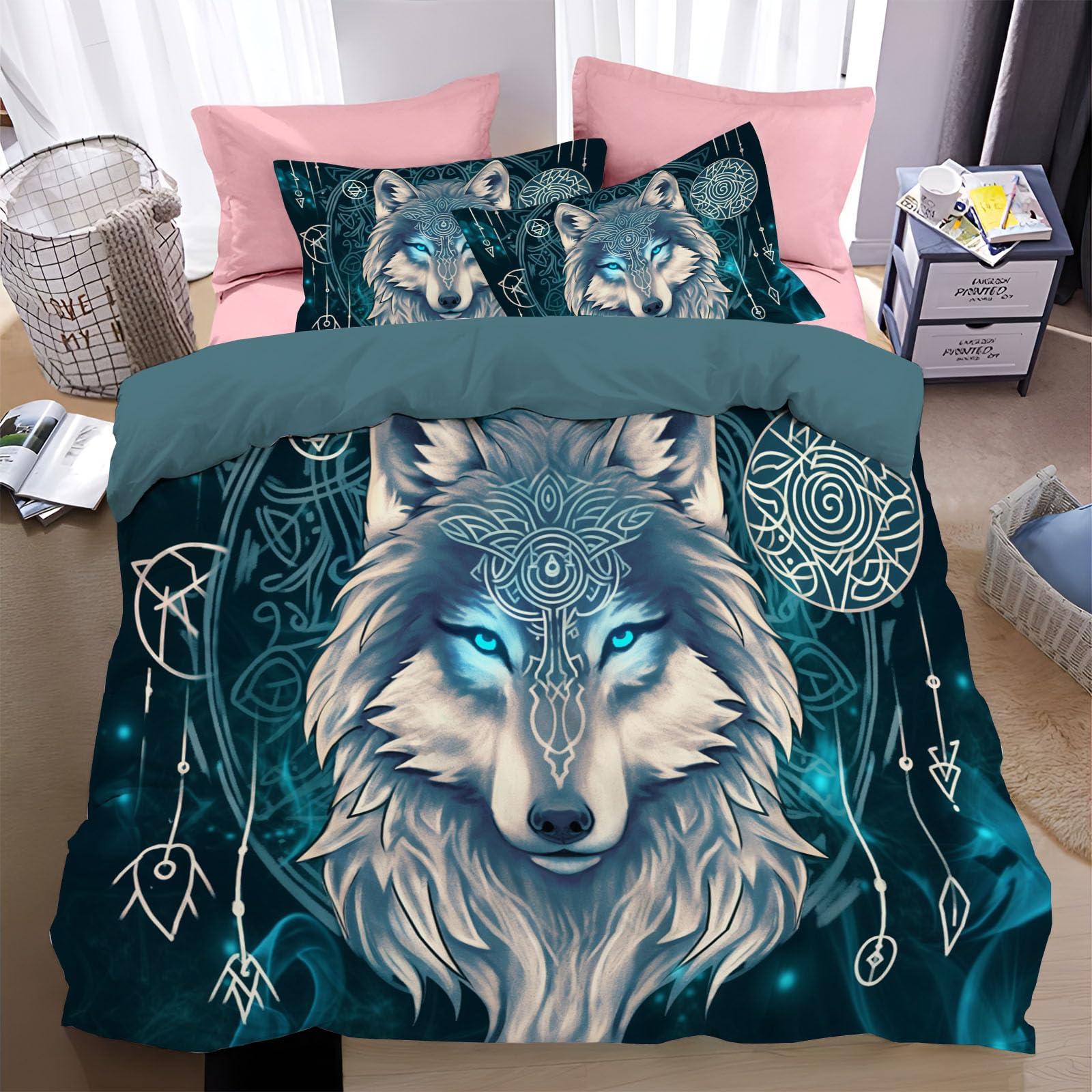 Housse de couette 200x200 loup turquoise avec ses 2 taies d'oreiller 65x65 cm pour lit 2 personnes