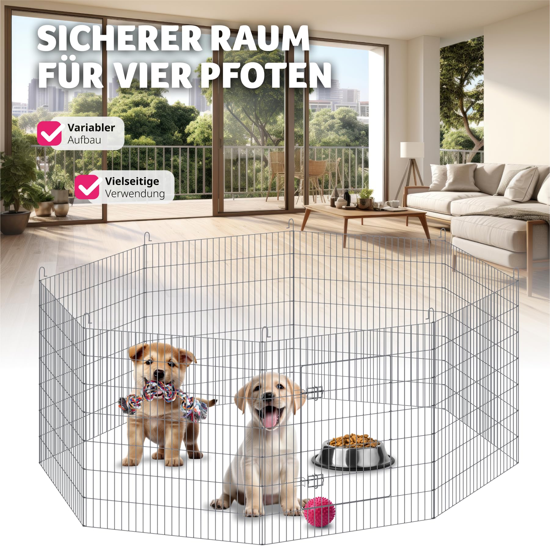 tectake® Freilaufgehege mit Sicherheitsnetz, Ø 204 cm, Welpenauslauf, Kleintierstall mit 8 Gitter, Kleintiergehege für Innen und Außen, Tierlaufstall mit Tür, Ideal für Kaninchen und Meerschweinchen