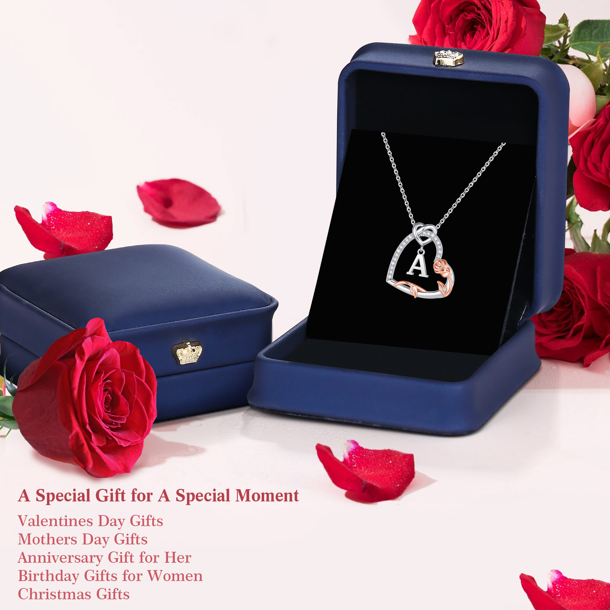 Rosenherz Halskette Mit Initial – Vergoldeter Messinganhänger, Edelstahlkette, Geschenk Für Sie