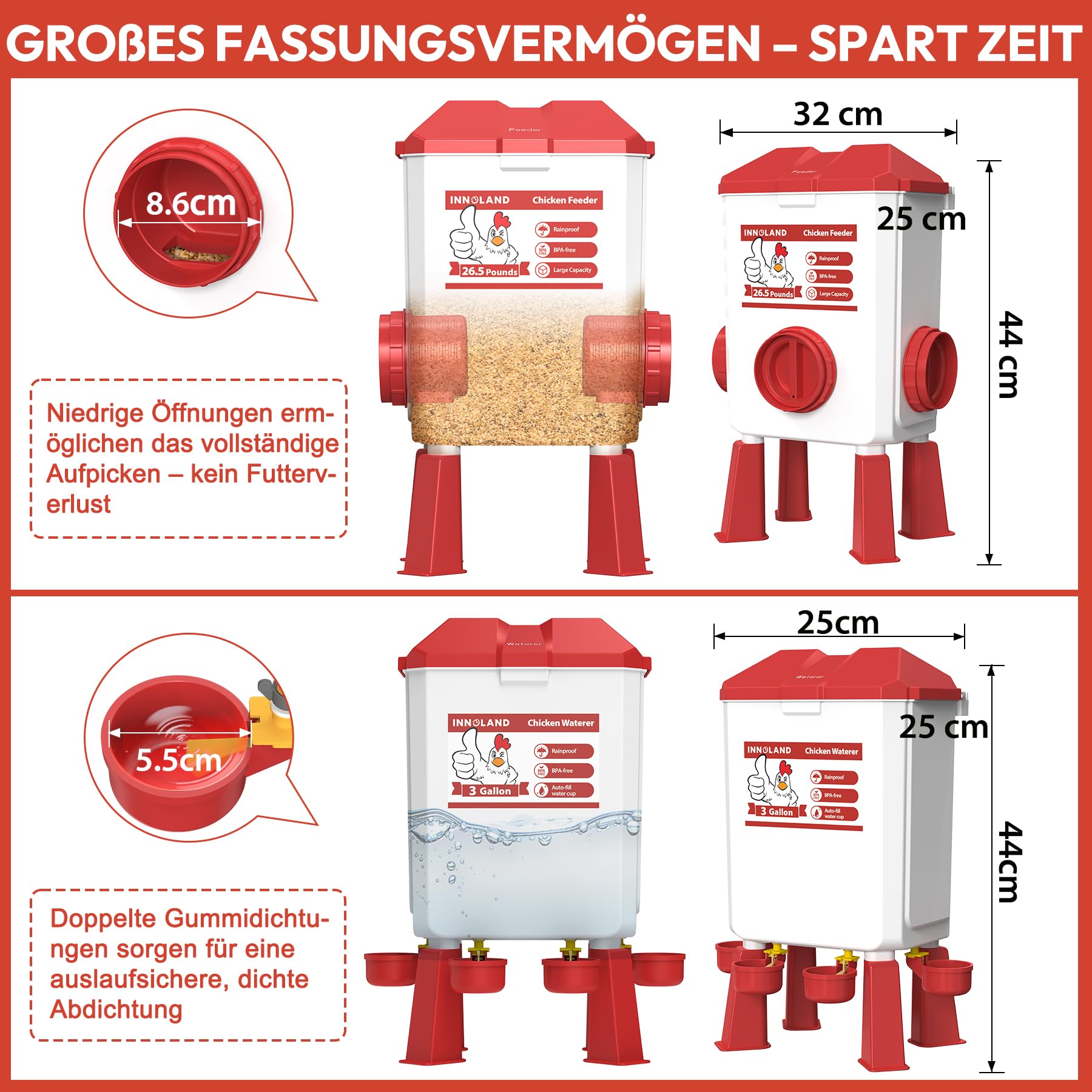 Futterautomat Hühner und Hühnertränke – 12 kg/11 L, Wassertränke Hühner mit 4 Bechern und 3 Futteröffnungen, Keine Verschwendung, Geflügeltränke, Hühnerzubehör für Hennen/Enten/Geflügel