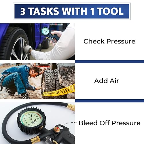 Miniatura 7 de Inflador de neumáticos con manómetro  dial brillante grande, portabrocas de aire giratorio con medidor y accesorios para compresor de aire  100 PSI