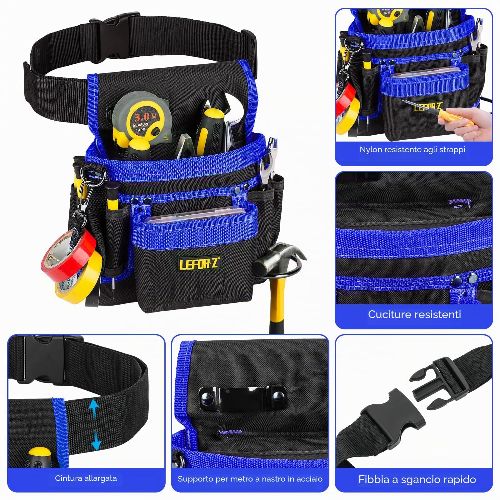 Cintura Porta Attrezzi,Magnetiche Cintura Attrezzi con 14 Tasche,Regolabili Staccabili Cintura Elettricista,Cintura Attrezzi Lavoro per Elettricista,Falegname,Edilizia,Nero-Blu