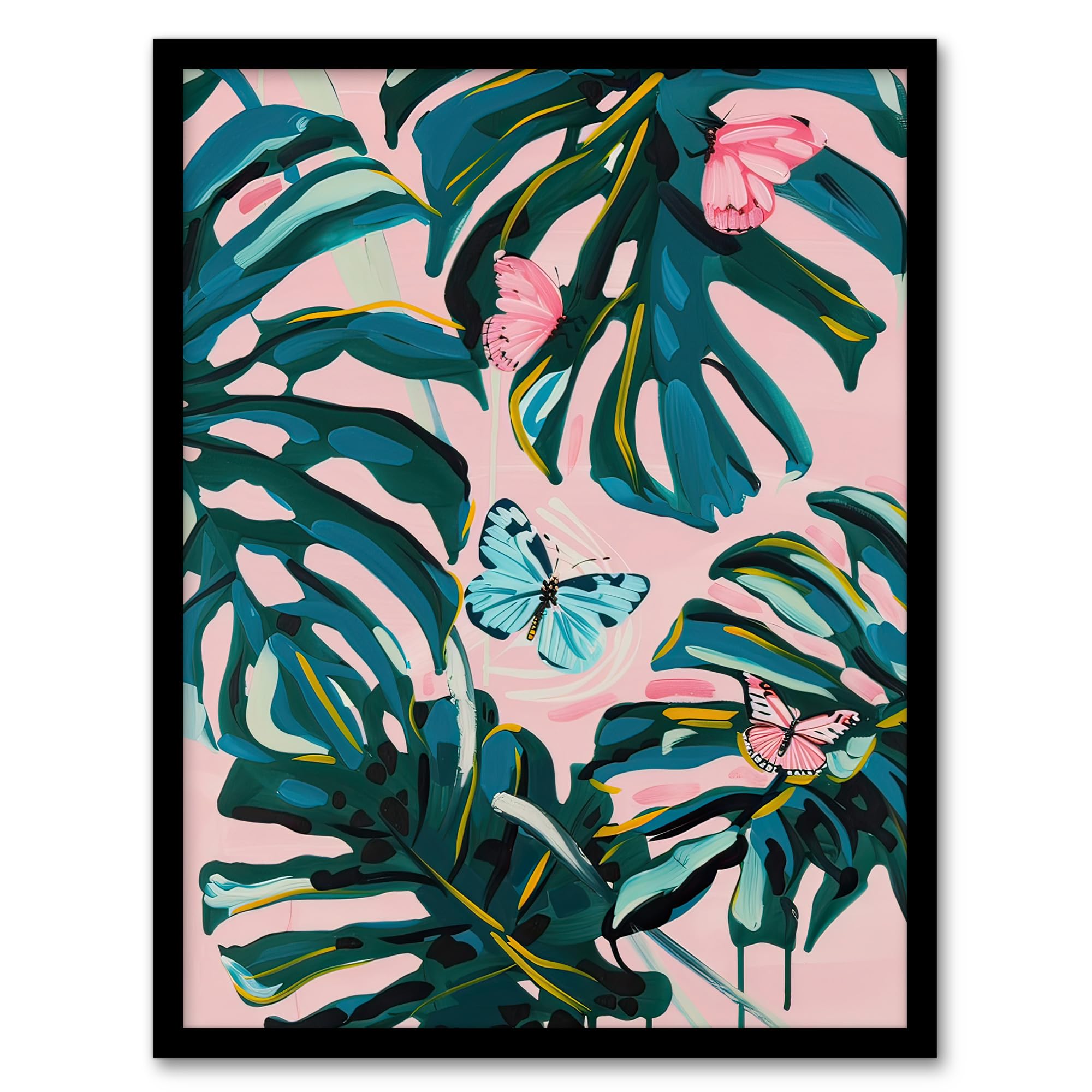 Artery8 Pink Pastel Butterflies Monstera Framed Art Print - A4 Size