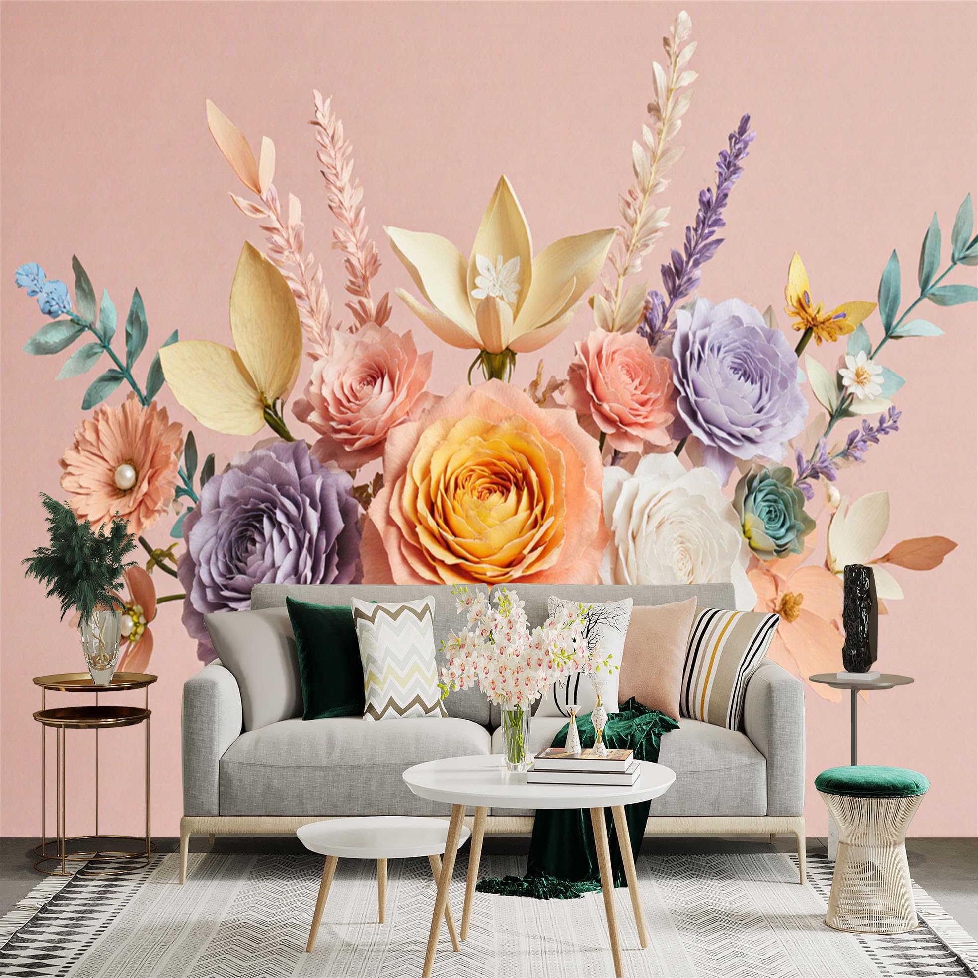 Custom Size Wall Sticker Mural， Elegant Paper Flower Bouquet， Pastel Floral Arrangement， Decorative Vintage Pitcher， for wall Decoration， peelandstick wall Decals.