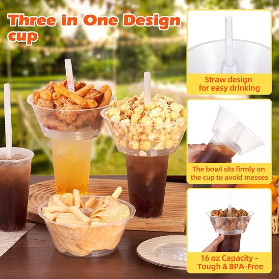 Snack and Drink Cup Includes 10 Cups, 10 Bowls,10 Straws, 20 Forks | 10 Sets Disposable Plastic Cup with Snack Bowl on Top for Party, Stadium, Patron and Movie Night