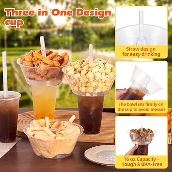 Snack and Drink Cup Includes 10 Cups, 10 Bowls,10 Straws, 20 Forks | 10 Sets Disposable Plastic Cup with Snack Bowl on Top for Party, Stadium, Patron and Movie Night