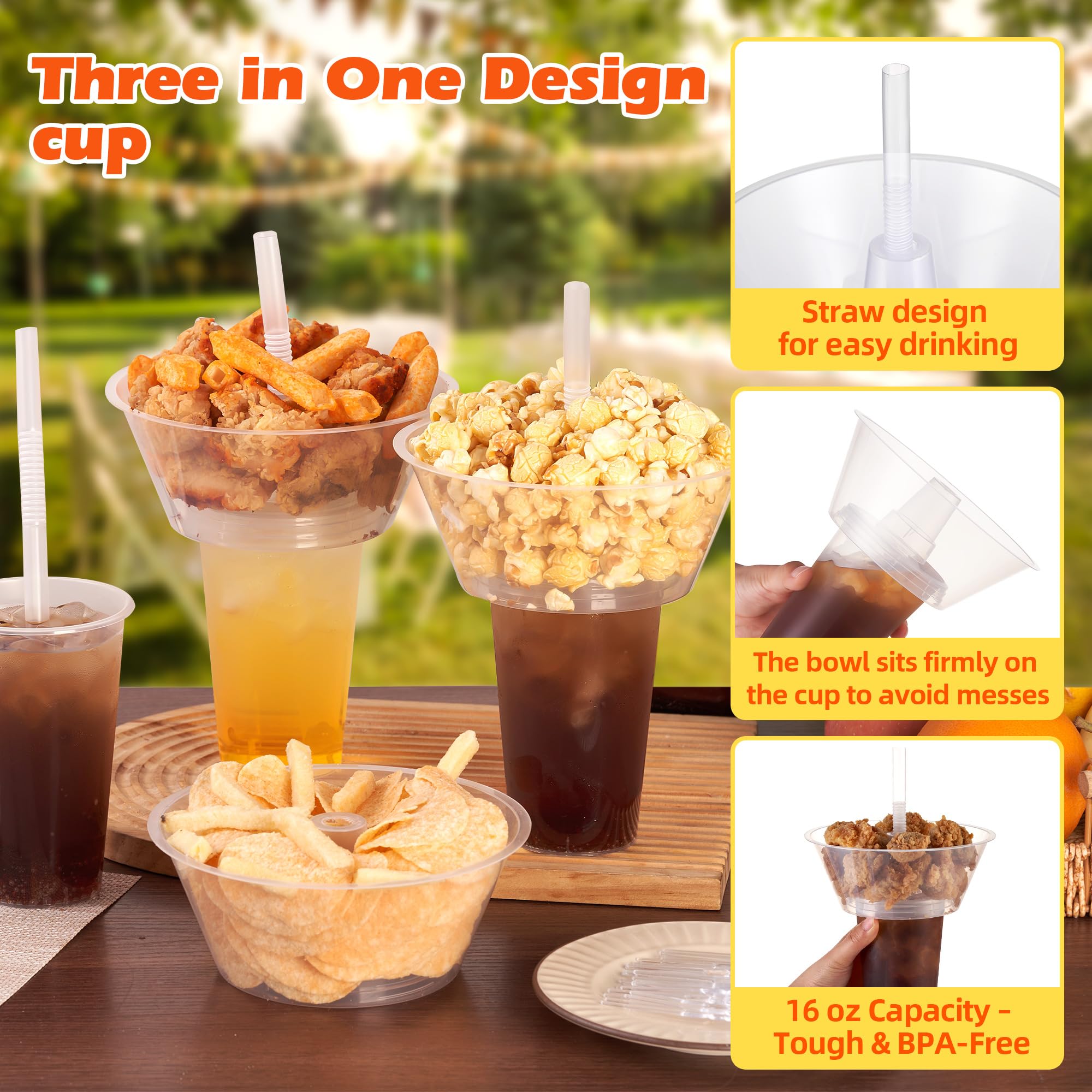 Amazon.com: Casarak Snack and Drink Cup, 10 Sets Disposable Plastic Cup  with Snack Bowl on Top Includes 10 Cups, 10 Bowls,10 Straws, 20 Forks for  Party, Stadium, Patron and Movie Night : Home & Kitchen