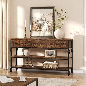 GarveeHome 52" Console Table, Entryway Table with 3 Storage Drawers, 3 Tier Industrial Metal Sofa Table, Behind CouchTable, Hallway Table for Entry, Living Room-Retro Brown