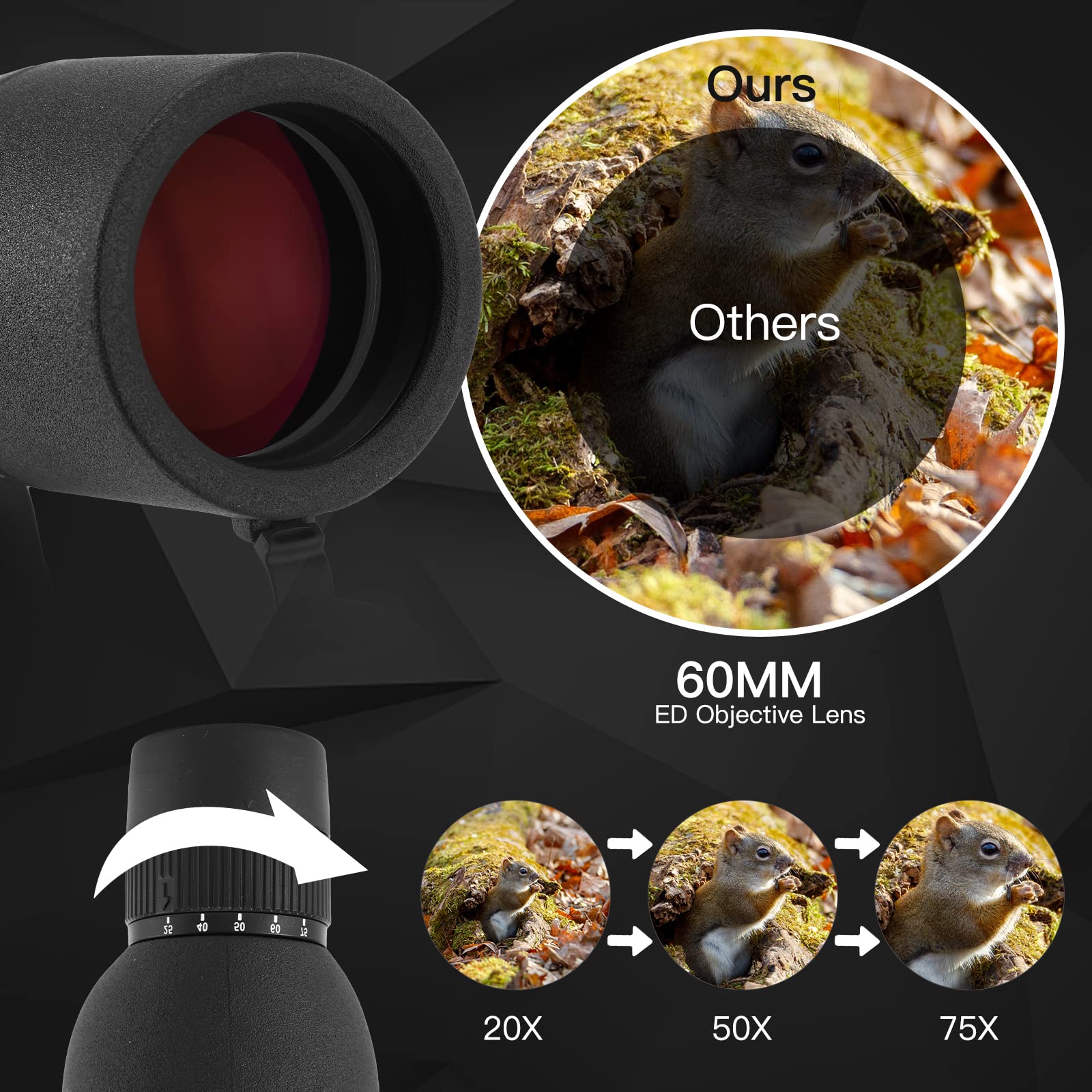 Alcance de detección, monoculares de doble enfoque de alta potencia para adultos, lente de 60 mm, telescopio resistente al agua para la vida silvestre, paisajes, regalos para hombres (negro)