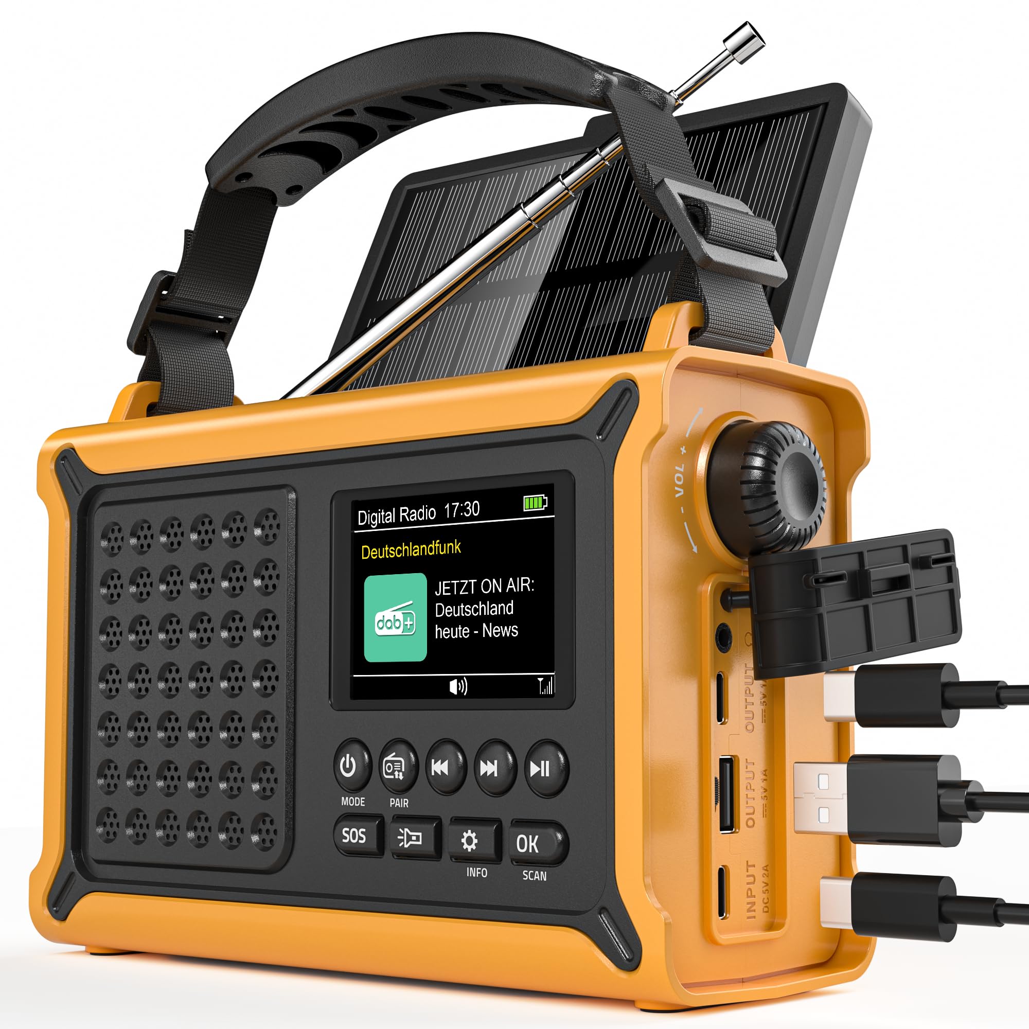 Radio solar, 12000 mAh, DAB/DAB+/FM, radio de emergencia con panel solar de 8500 mm² y manivela de 650 mA, radio dinamo con Bluetooth, como linterna y cargador, USB, para camping, emergencia (amarillo