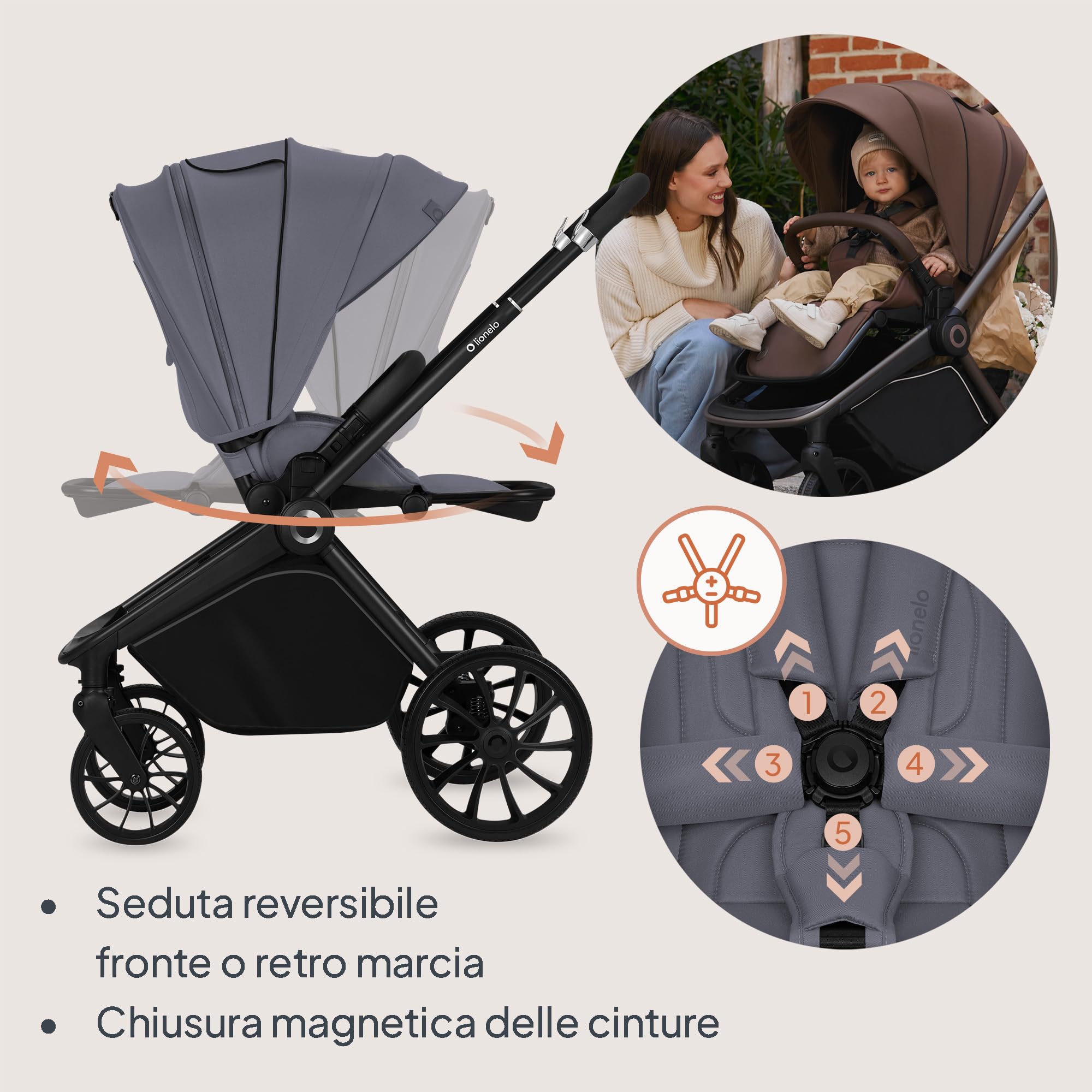 Lionelo Mika Plus All-Terrain - Passeggino leggero per bambini da 6 a 48 mesi fino a 22 kg, sedile reversibile, impermeabile, baldacchino UPF50+, sospensione anteriore e posteriore, grande cestino per