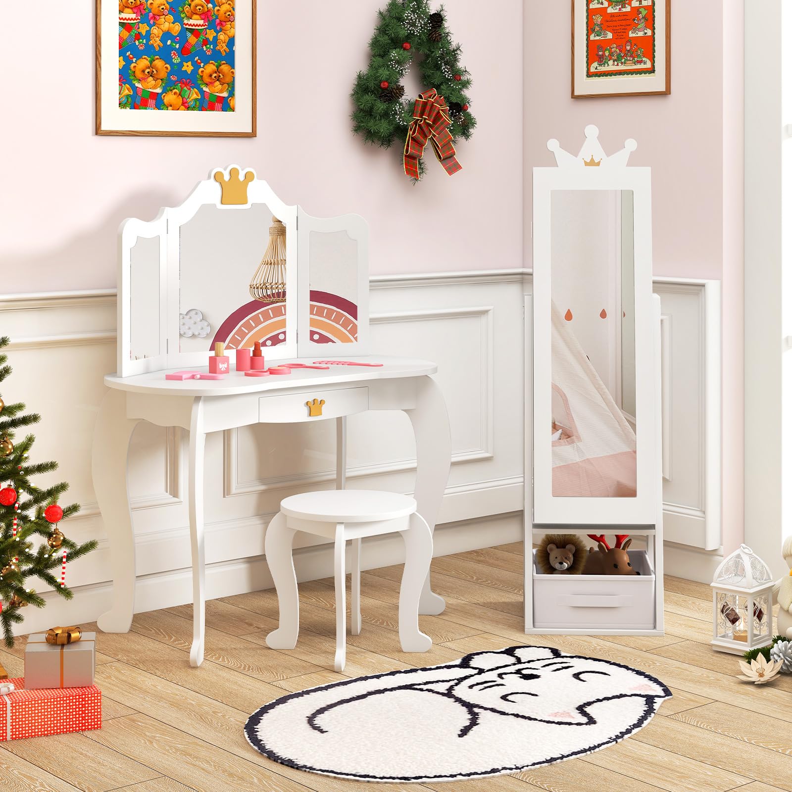 COSTWAY Armario de Joyería para Niñas con Espejo, Espejo Joyero de Cuerpo Completo con Gran Capacidad de Almacenamiento, Armario para Joyas Infantil con Ganchos, Estantes y Cajón (Blanco)