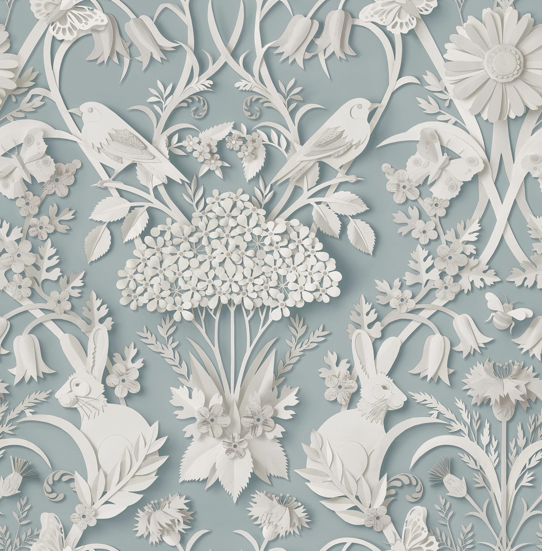 Fine Decor Dimensions Woodland 3D Effect Design Cute Animals, Rabbits, Bees, Birds and Leafs in a Soft Light and Blue Tones Wallpaper Perfect for Nursery, Kids Bedroom and Feature Walls (FD43605)