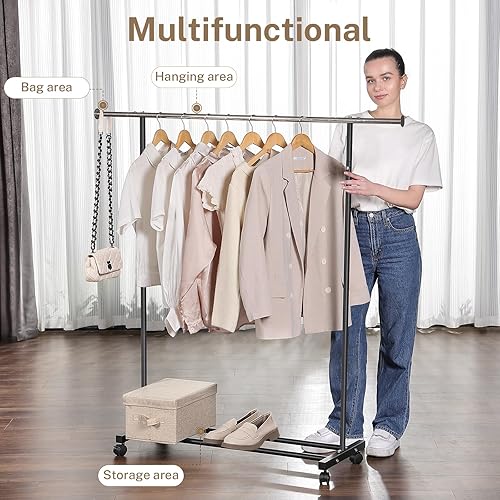 Miniatura 6 de Perchero para ropa, capacidad de 130 libras, resistente con ruedas y estante inferior, estantes rodantes de 52.17 pulgadas para colgar ropa,