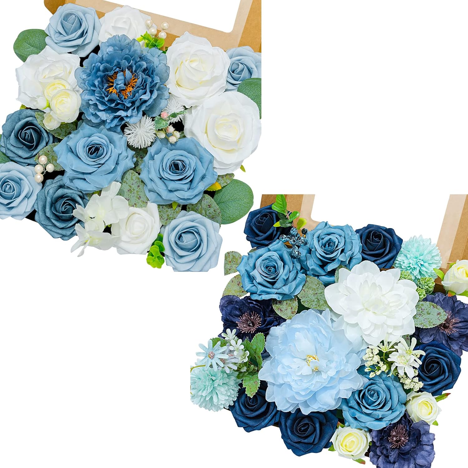 AUSOGO Blue Artificial Flowers 3 Combo Box Set,Silk Roses