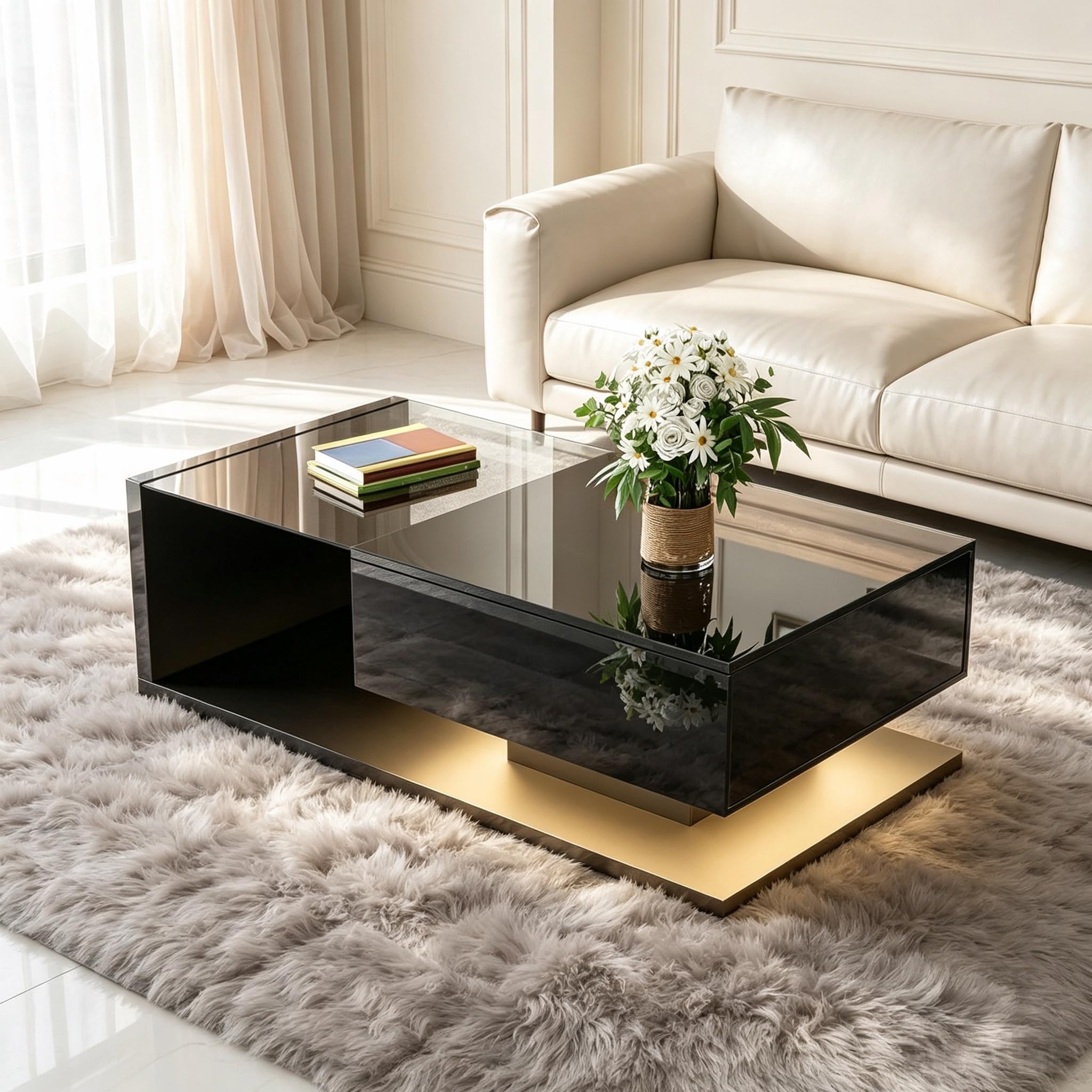Couchtisch mit LED Beleuchtung 105x55 cm Hochglanz Schwarz - Moderner Wohnzimmertisch mit Glasplatte, Stauraumfach und RGB-LED-Licht, eleganter Beistelltisch für Wohnzimmer