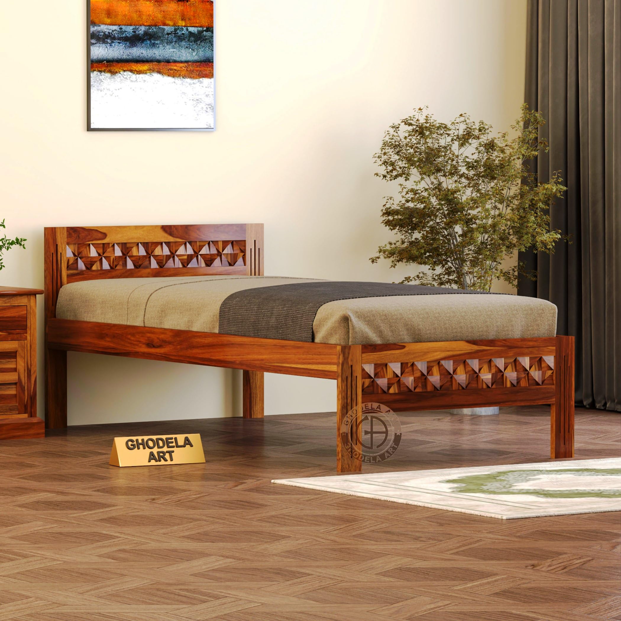 GHODELA ART Sheesham Wood Single Size Diamond Bed Without Storage for Home & Bedroom Palang Wooden Furniture Beds Living Room - (Natural Finish)-image-11