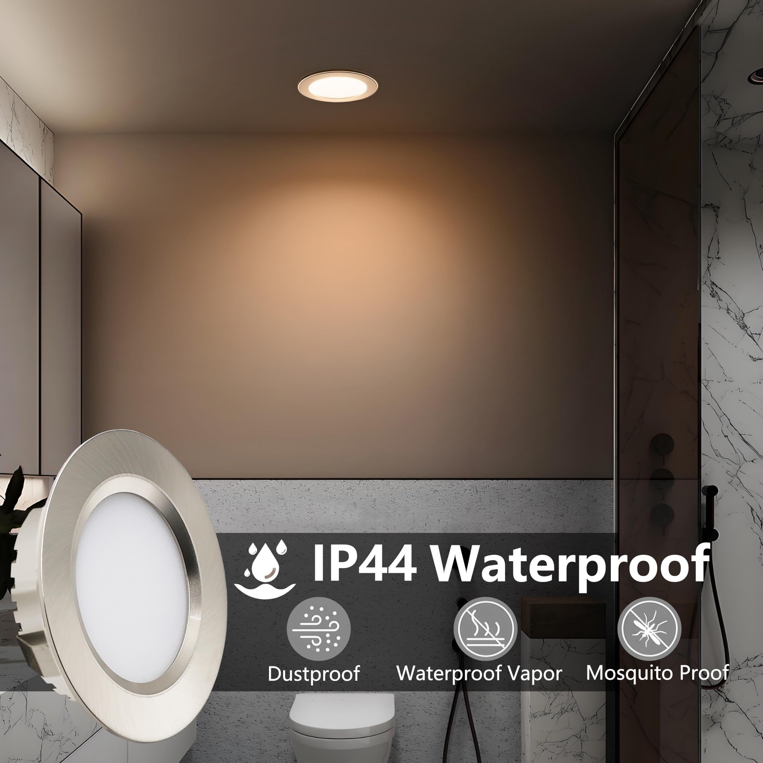 Spot LED Encastrable 230V 3W, LED Spot Etanche Salle de Bain IP44, Spots de plafond Trou Φ55-58mm, Extra Plat 15mm, Spots Encastrés Pour cuisine chambre, Lot de 4 (Nickel Blanc Chaud 3000K)