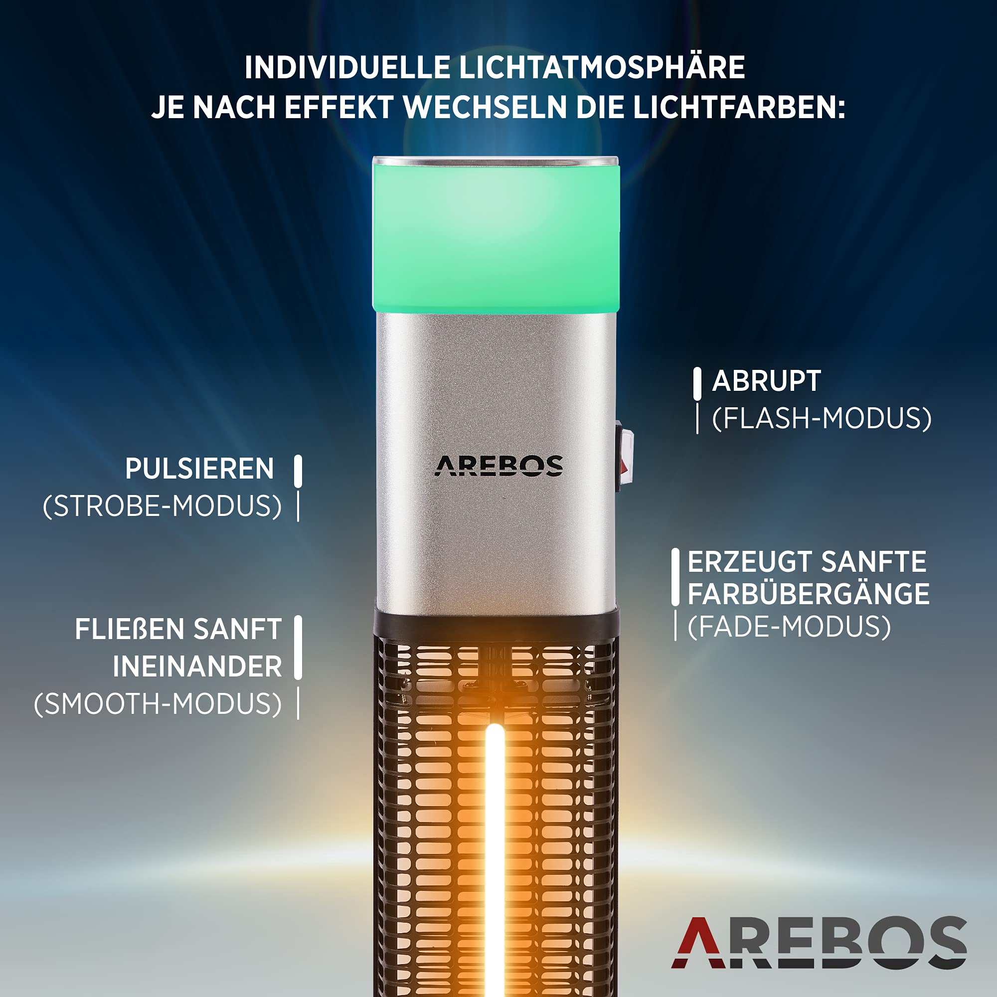 Arebos 1500 Watt Stand Heizstrahler Silber | inkl.16 Farben LED-Licht mit Fernbedienung | Kohlenstoff Infrarotstrahler für Außenbereich | Terrassenstrahler