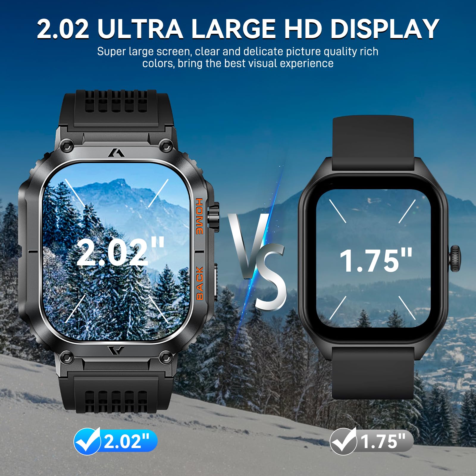 JELLOO Męski smartwatch z połączeniem Bluetooth 2.02'' HD 5 ATM, wodoodporny, wojskowy smartwatch z 110 trybami sportowymi, krokomierz, kalorie, puls, monitor, zdrowie dla systemu Android iOS