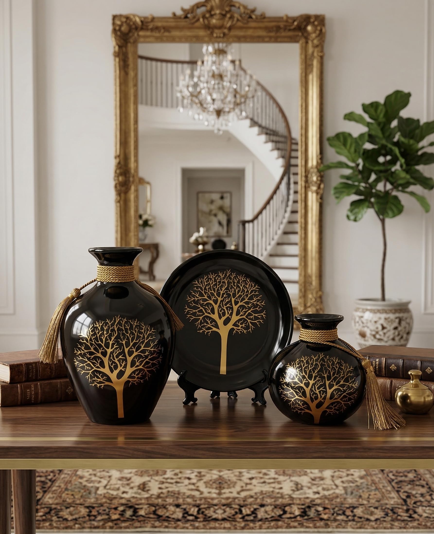 Ceramic Vase Set with Decorative Plate, Tree of Life Design, Gold Tassel, 3-Piece Home Decor (Black)-image-2