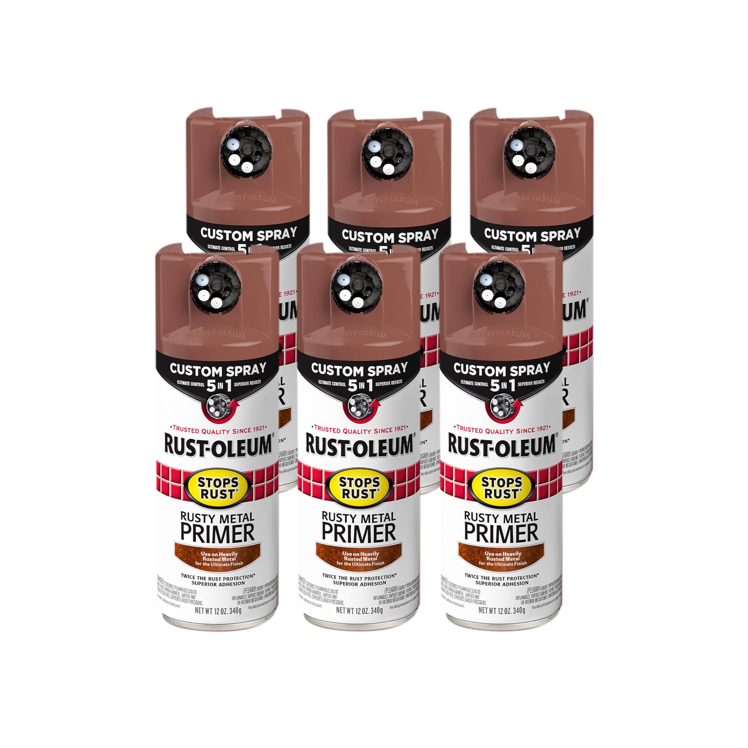 Rust-Oleum 384755-6PK Stops Rust Custom Spray 5-in-1 Rusty Metal Primer Spray, 12 oz, Flat Brown, 6 Pack