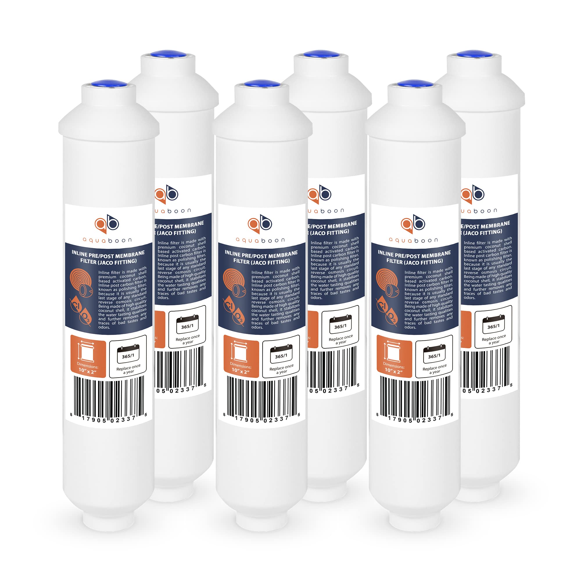 Aquaboon Lot de 6 filtres à eau en ligne pour réfrigérateur - Cartouche de filtre à eau de polissage au carbone pour système d'osmose inverse - Taille standard (raccord Jaco)