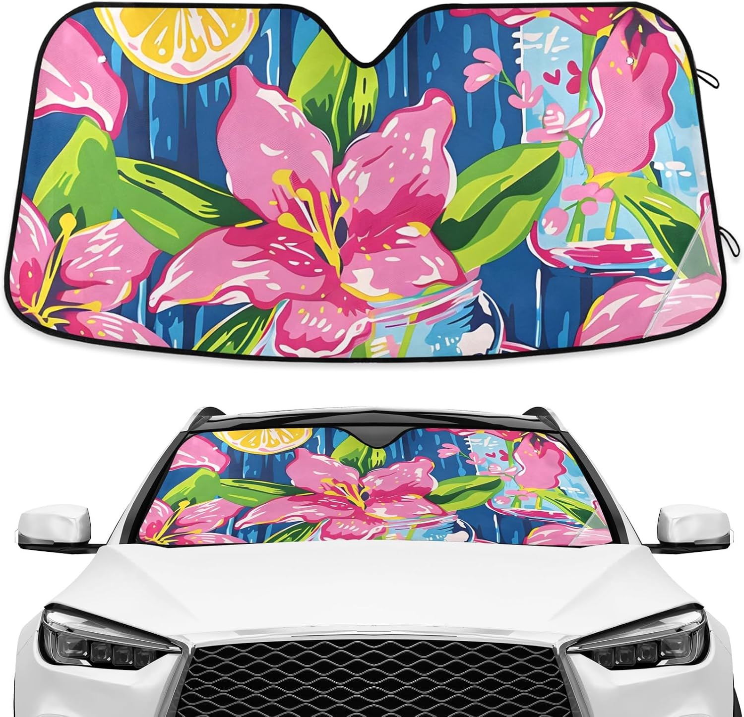 Lily Pulitzer Mason Jars Windshield Sunshade Car Sun Shade Blocks UV Rays Visor Protector Accordion Folding Sun Reflector Auto Sunshade for Truck SUV
