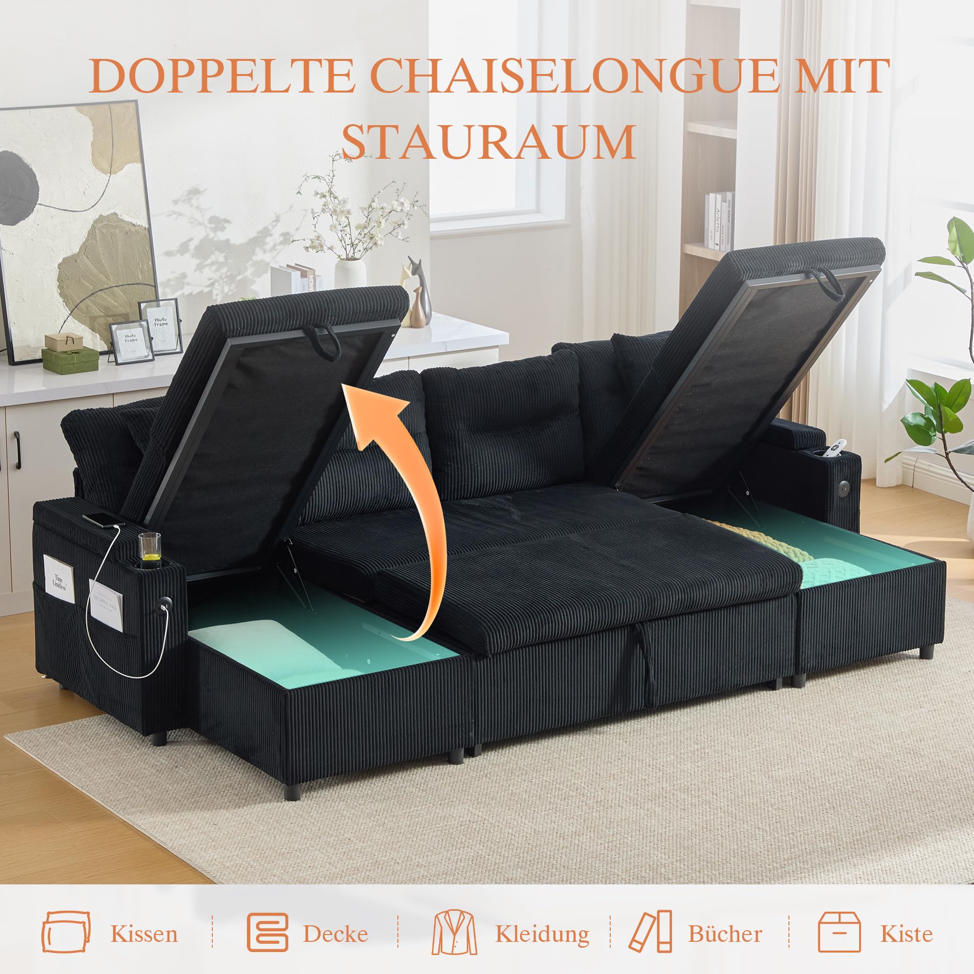 Canapé Convertible, Canapé lit modulable en U avec lit gigogne et méridienne de Rangement, canapé d'angle Convertible 2 à 4 Places avec 2 Porte-gobelets et Ports USB pour Salon
