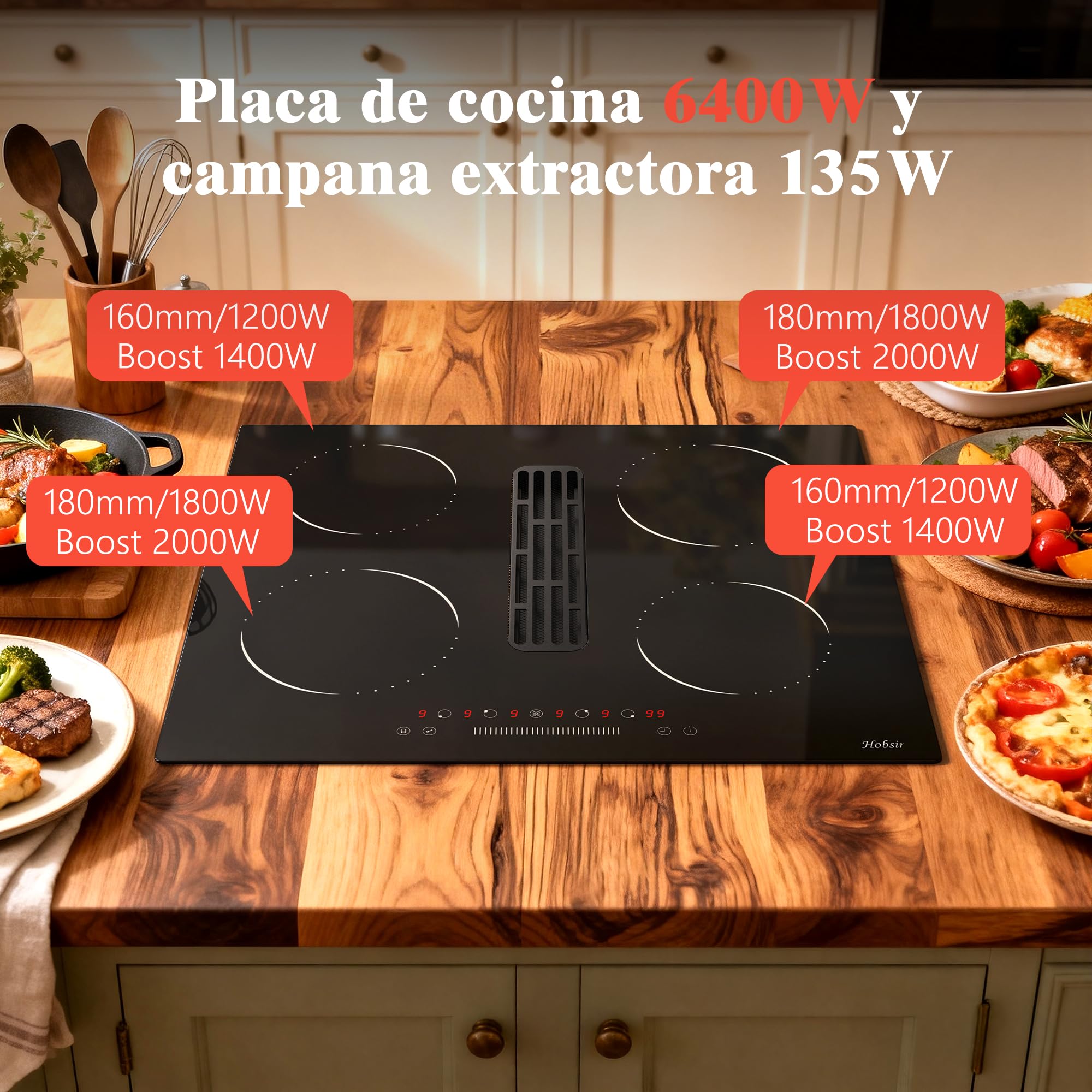 Hobsir Placa de Inducción con Extractor Integrado 60 cm, 4 Zonas, 6400W | 9 Niveles de Potencia, Bloqueo Infantil, Función Boost, Recirculación con Filtro Carbón– Sin Manguera de Salida de Aire