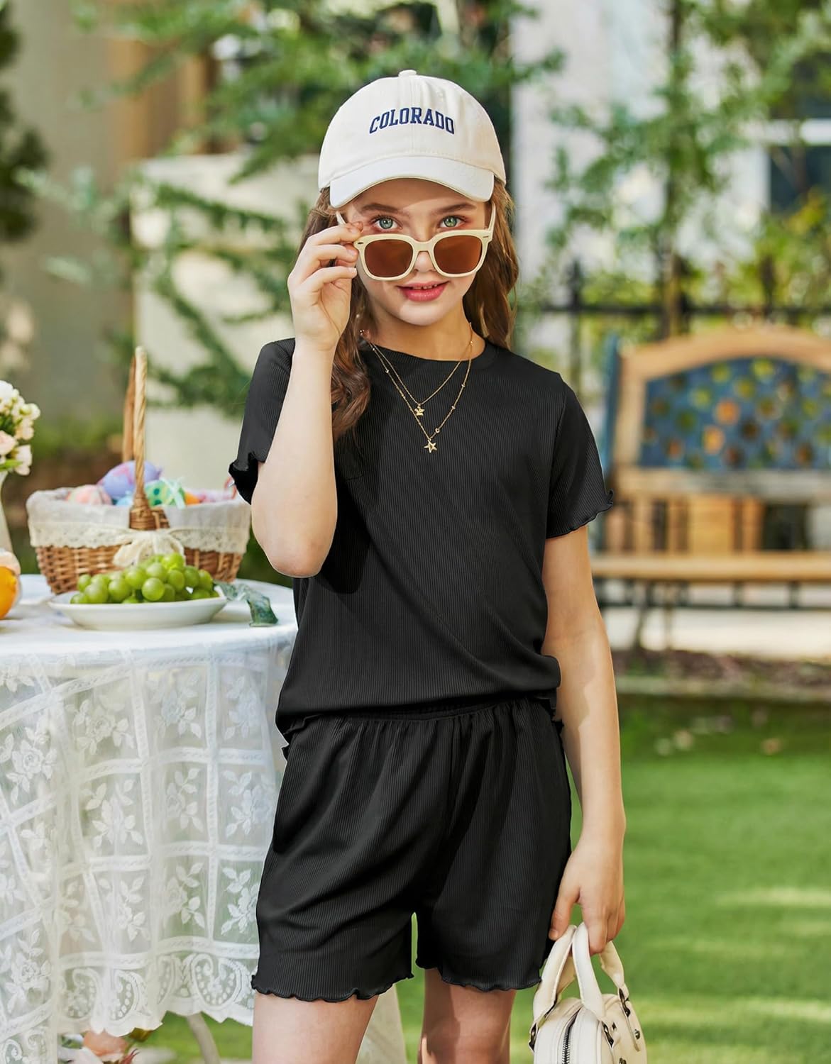 Arshiner Girls Shorts Set 2‑Piece Ribbed Knit Summer Outfit Short Sleeve Top & Elastic Waist Shorts Casual Playwear - Image 3